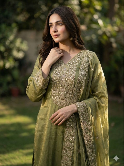 Mehendi Green Festive Embroidered Pure Fendy Silk Palazzo Suit