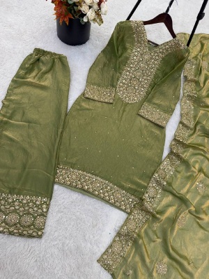 Mehendi Green Festive Embroidered Pure Fendy Silk Palazzo Suit