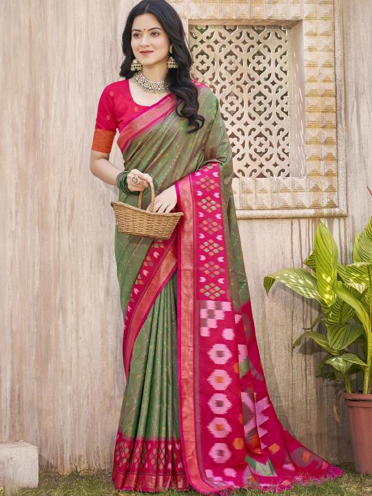 Mehendi Green Pink Pochampalli Silk Saree
