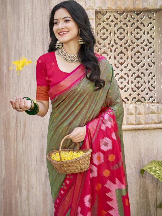 Mehendi Green Pink Pochampalli Silk Saree