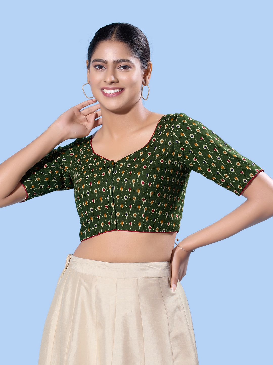 Mehendi Green Traditional Printed Cotton Elbow Blouse