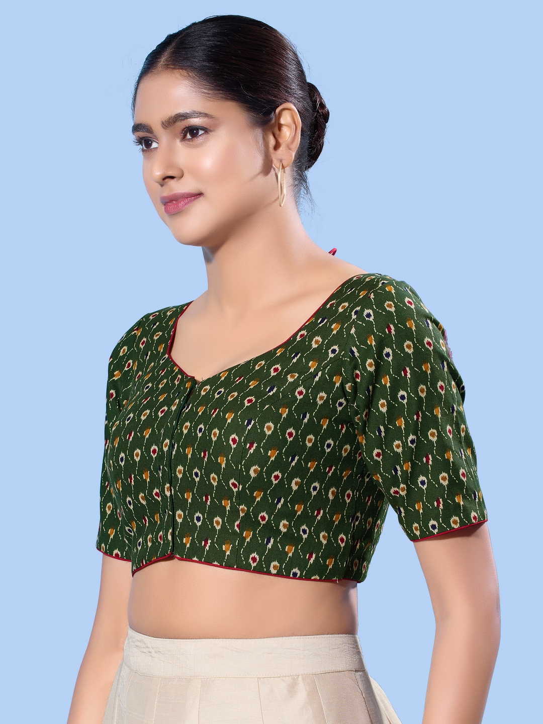 Mehendi Green Traditional Printed Cotton Elbow Blouse