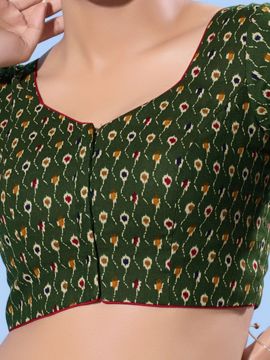 Mehendi Green Traditional Printed Cotton Elbow Blouse