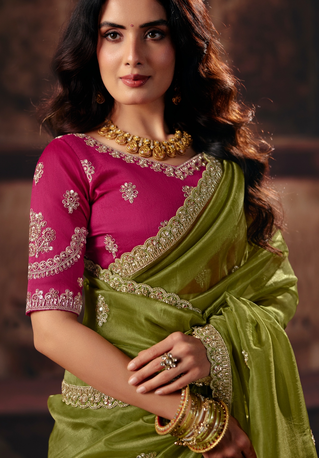 Mehendi Hand Work Organza Saree — alternate view