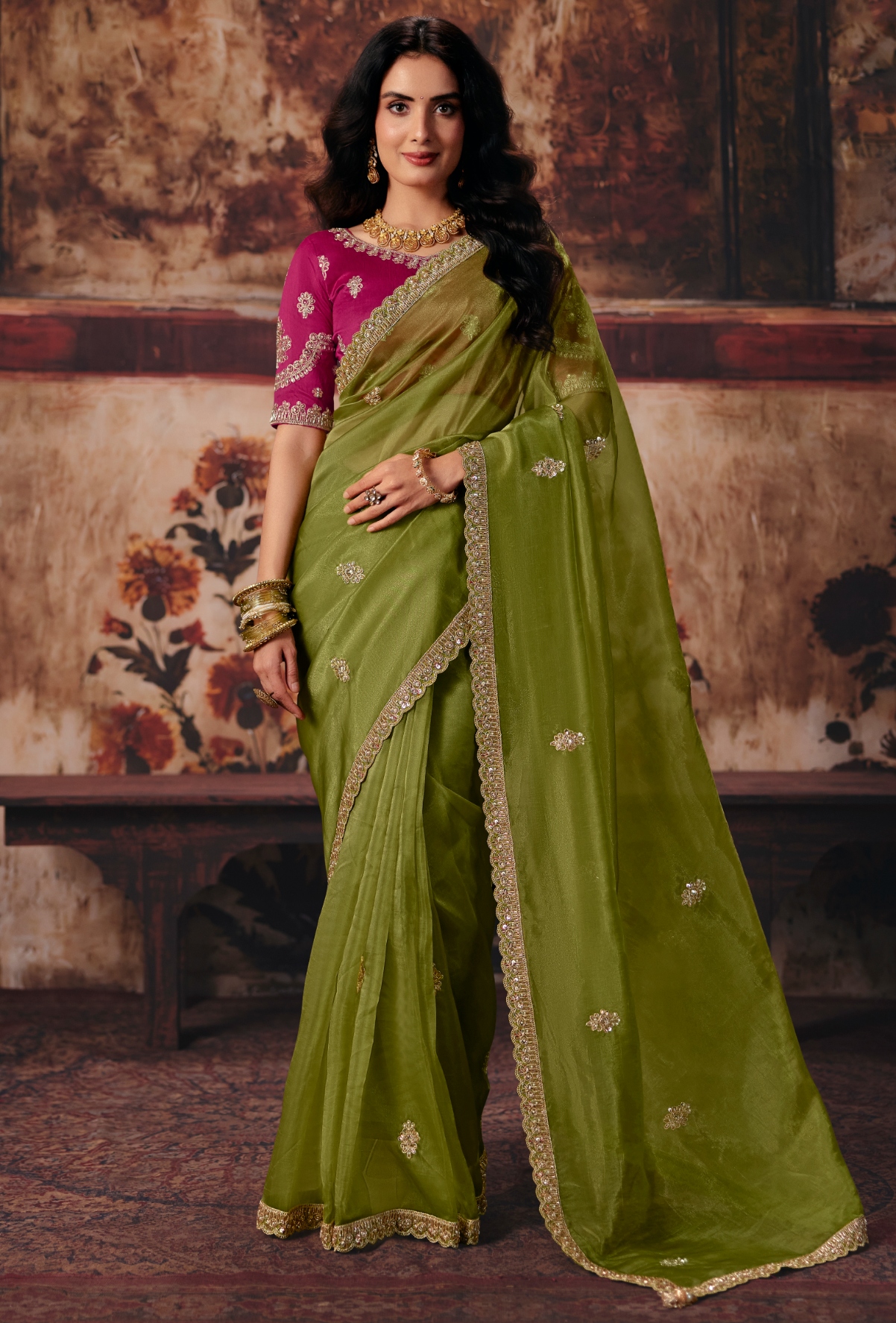 Mehendi Hand Work Organza Saree
