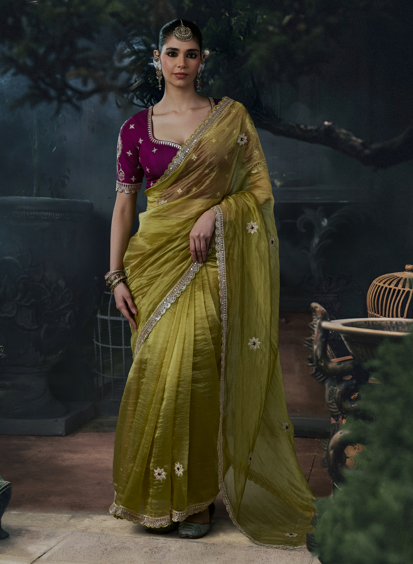 Mehendi Heavy Thread Embroidery Tissue Silk Saree