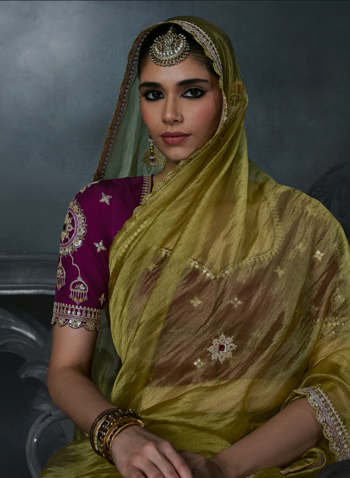 Mehendi Heavy Thread Embroidery Tissue Silk Saree
