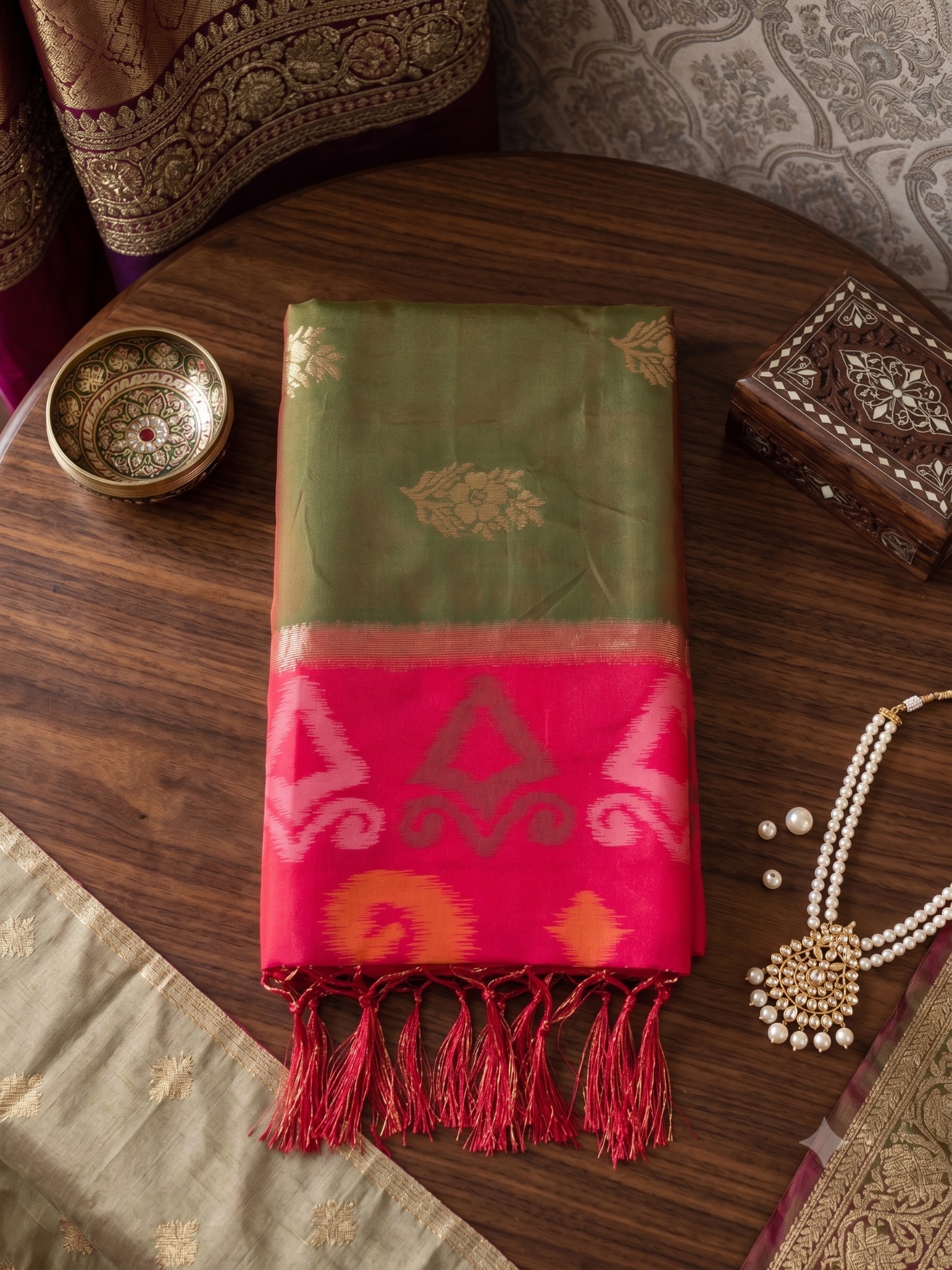 Mehendi Heritage Butti Woven Zari Jacquard Designer Soft Silk Saree