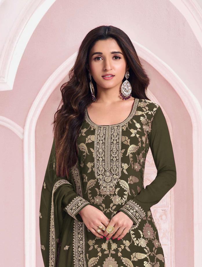 Mehendi Jacquard Pakistani Salwar Suit — alternate view