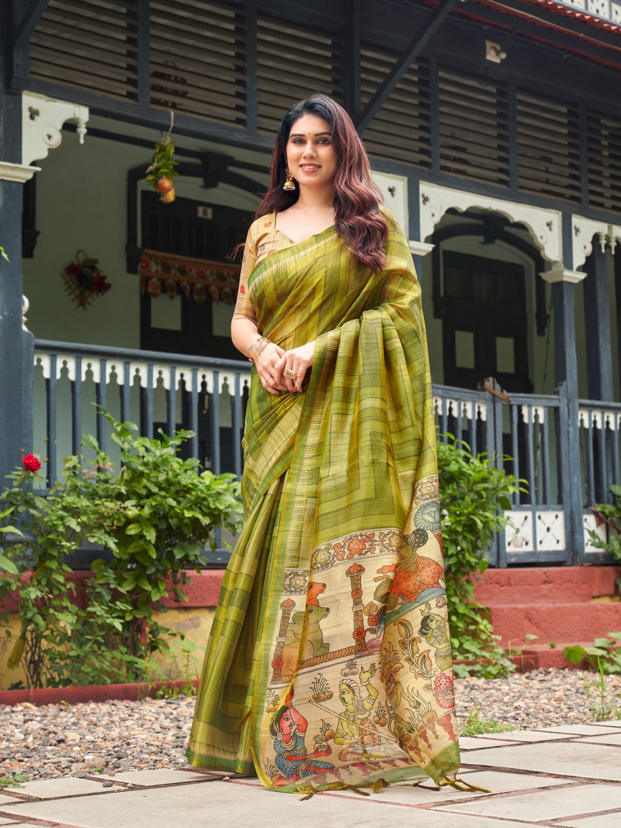 Mehendi Kalamkari Lahariya Tissue Silk Saree