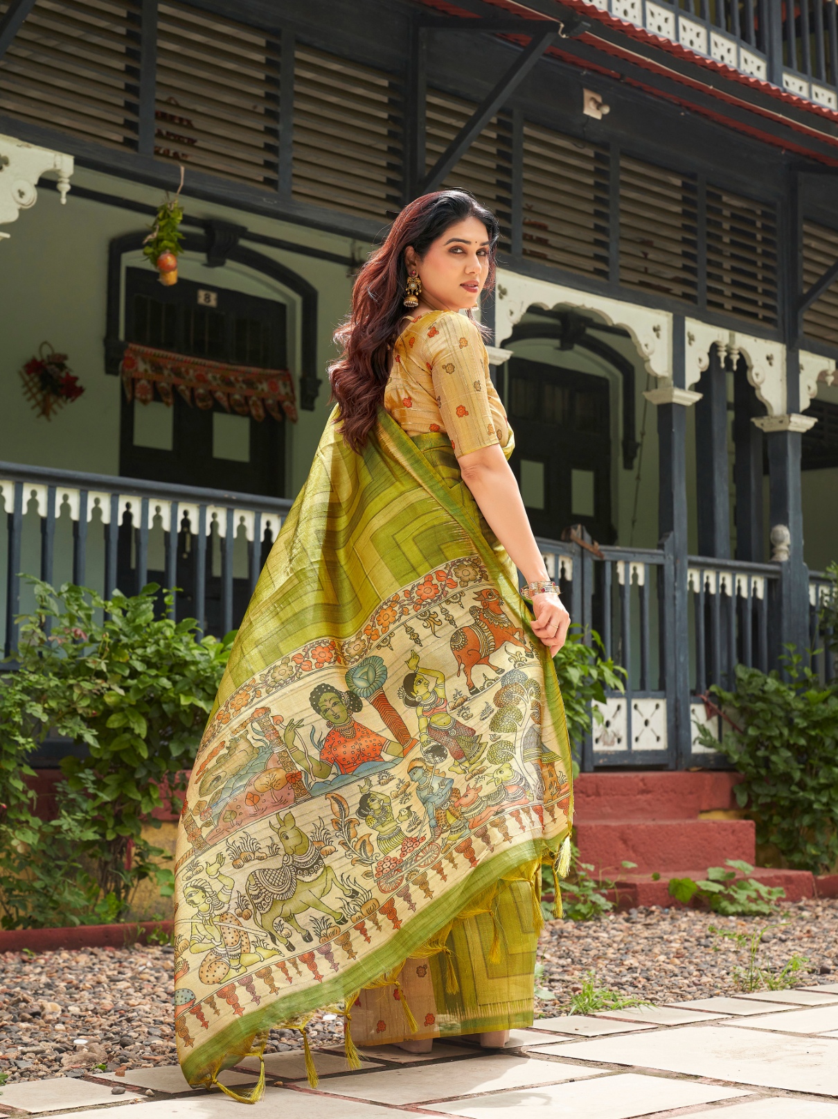 Mehendi Kalamkari Lahariya Tissue Silk Saree — alternate view
