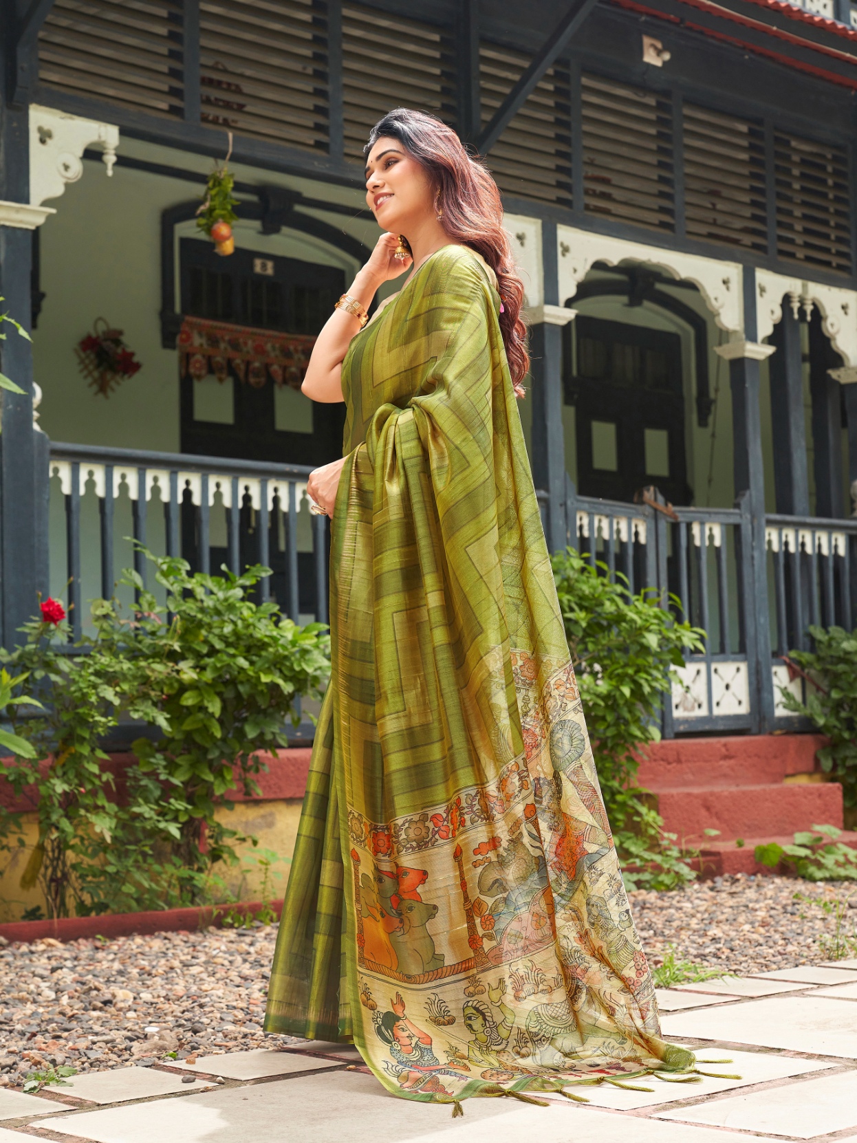Mehendi Kalamkari Lahariya Tissue Silk Saree