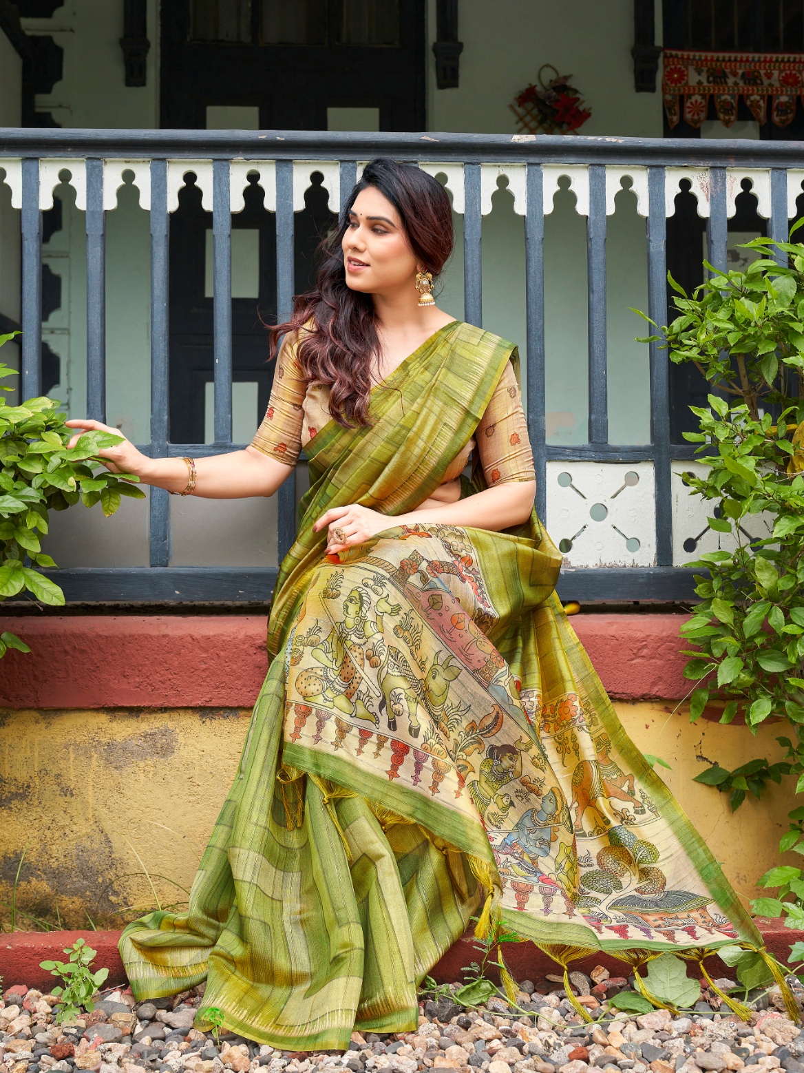 Mehendi Kalamkari Lahariya Tissue Silk Saree