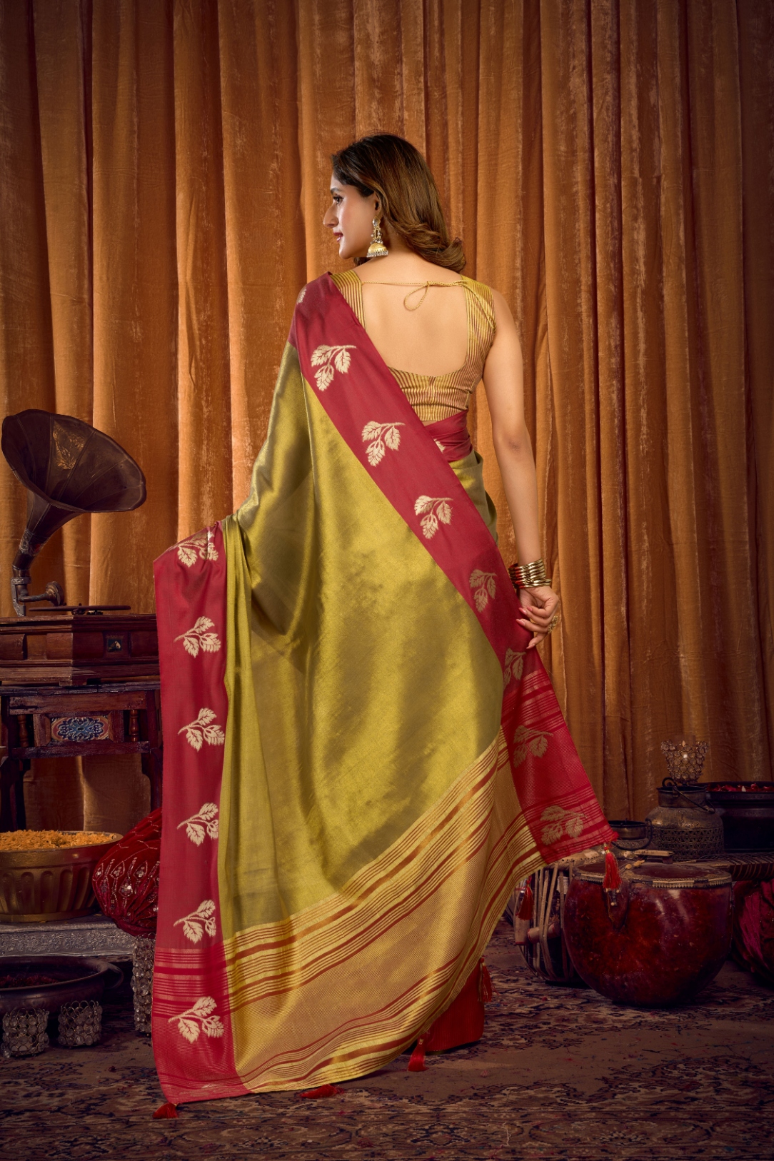Mehendi Leaf Motif Woven Soft Tissue Saree — alternate view