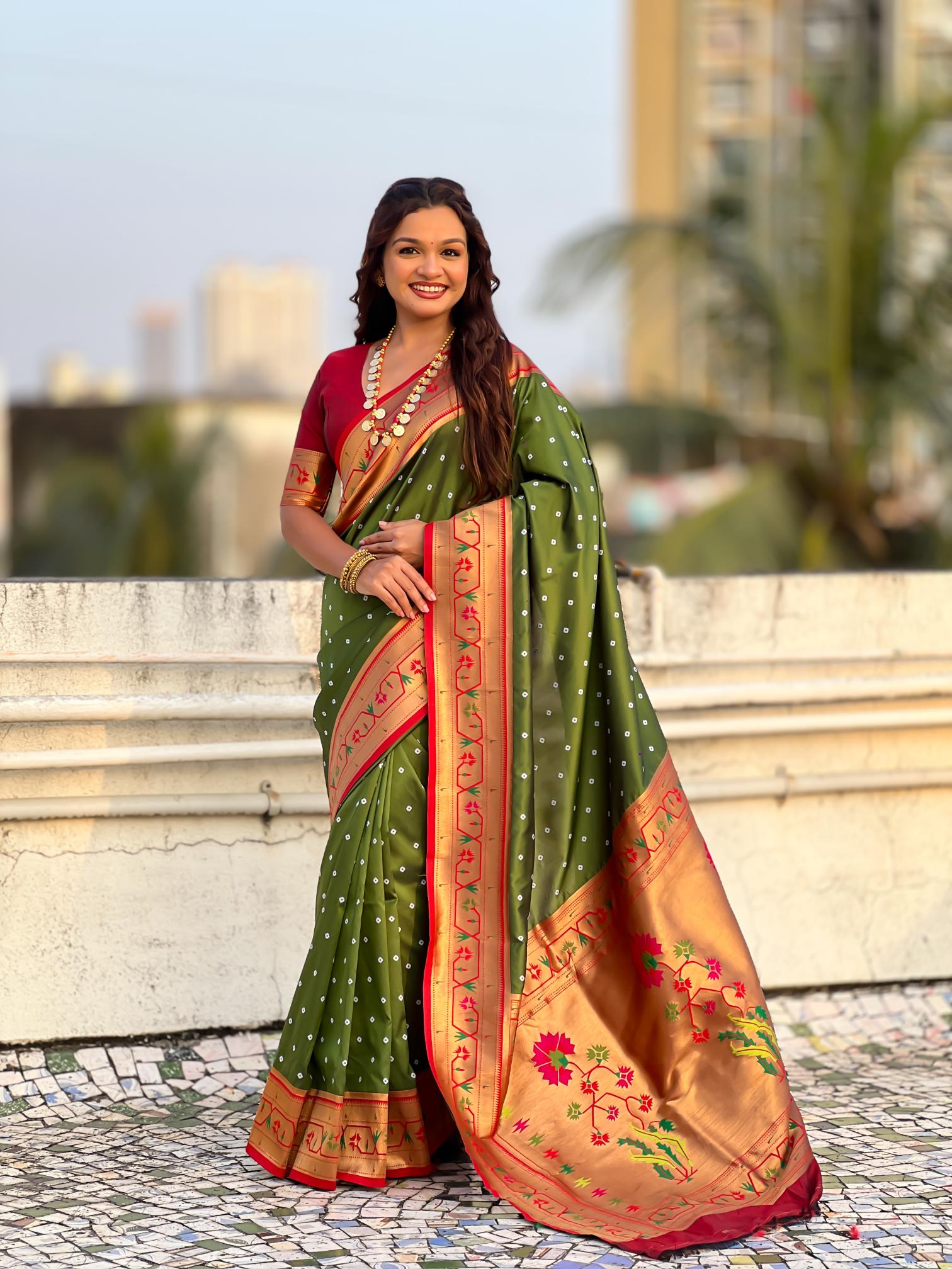 Mehendi Maroon Paithani Designer Soft Silk Saree