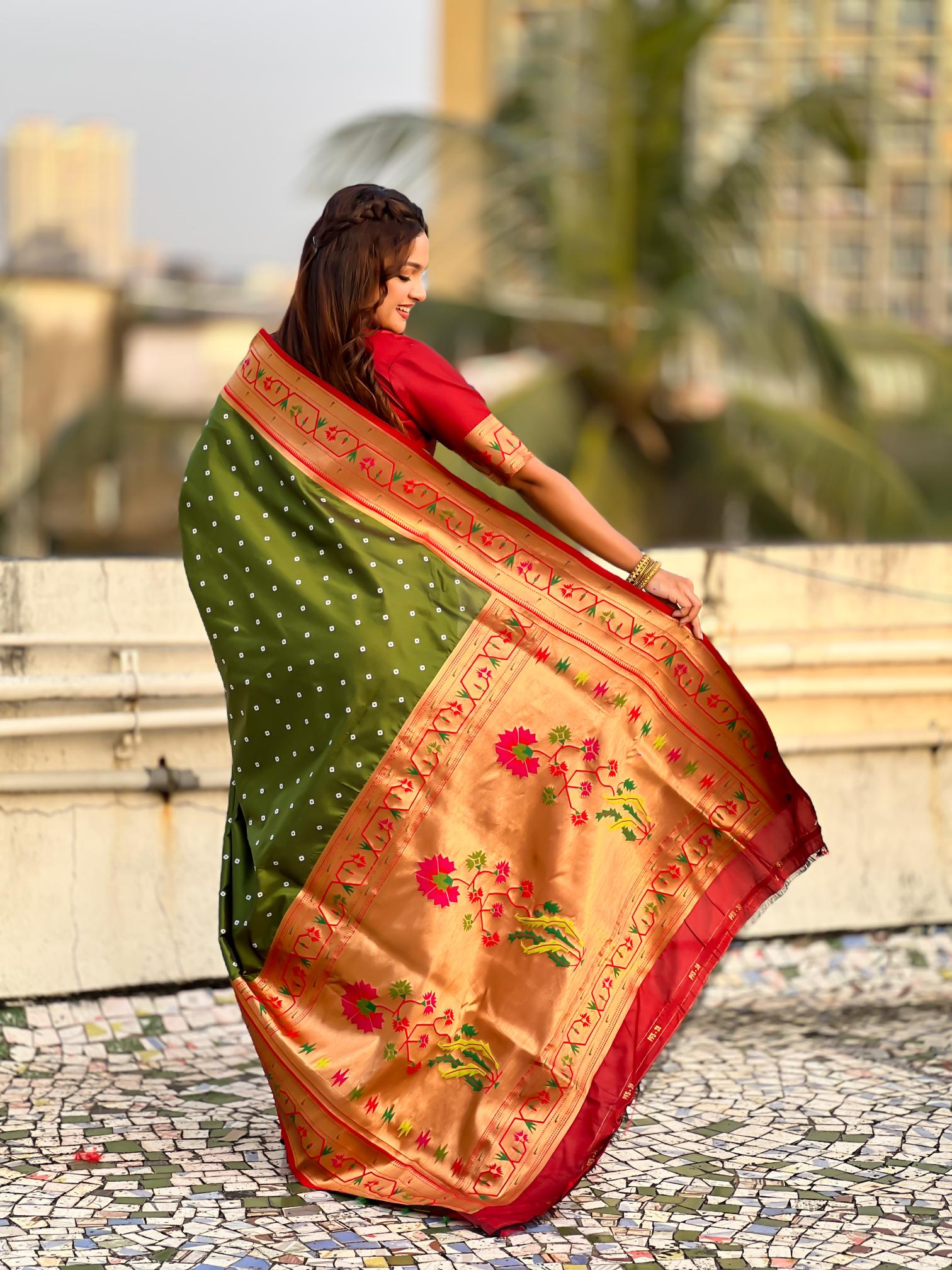 Mehendi Maroon Paithani Designer Soft Silk Saree — alternate view