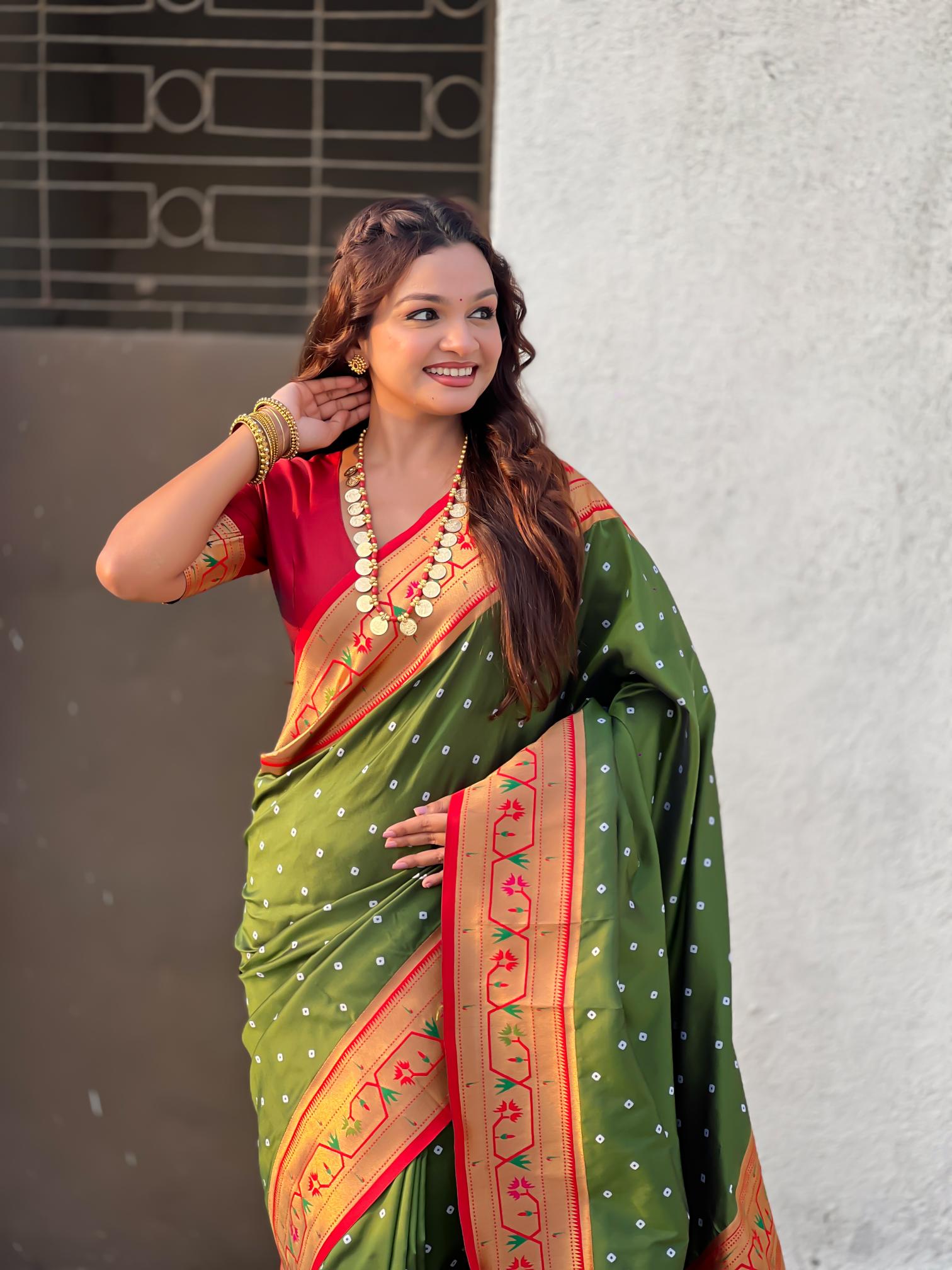 Mehendi Maroon Paithani Designer Soft Silk Saree