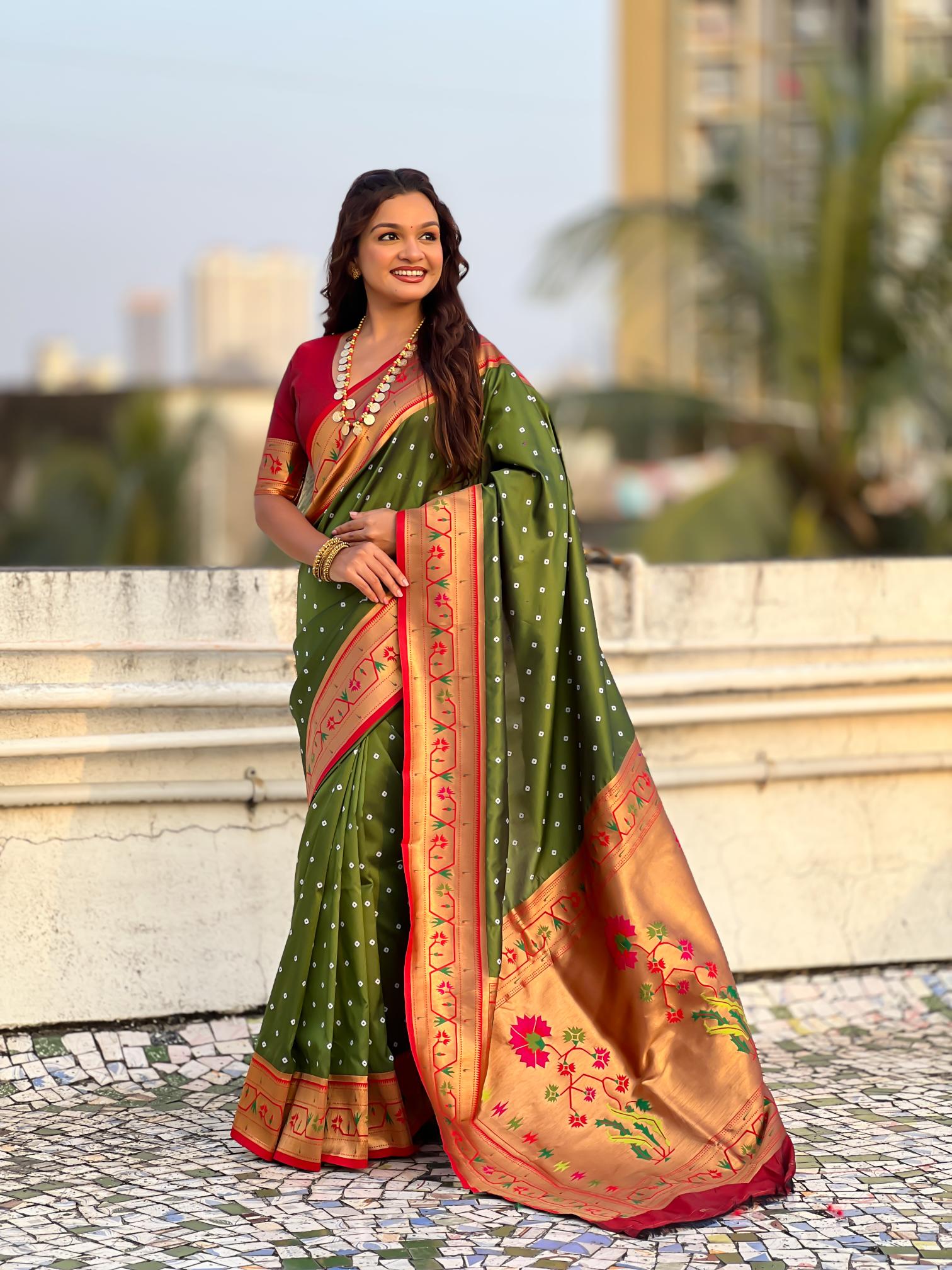 Mehendi Maroon Paithani Designer Soft Silk Saree