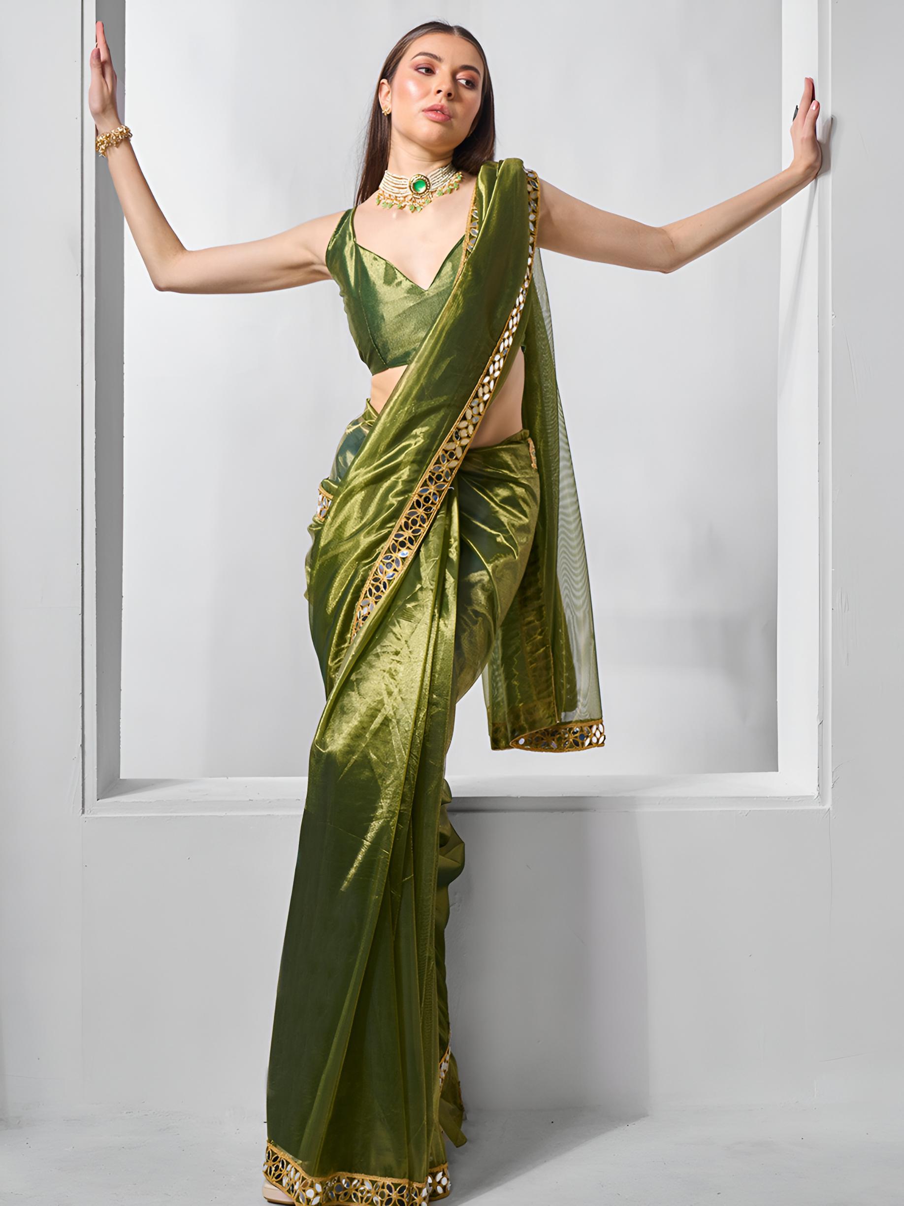 Mehendi Mirror Work Gold Twill Net Saree with Lace Coding