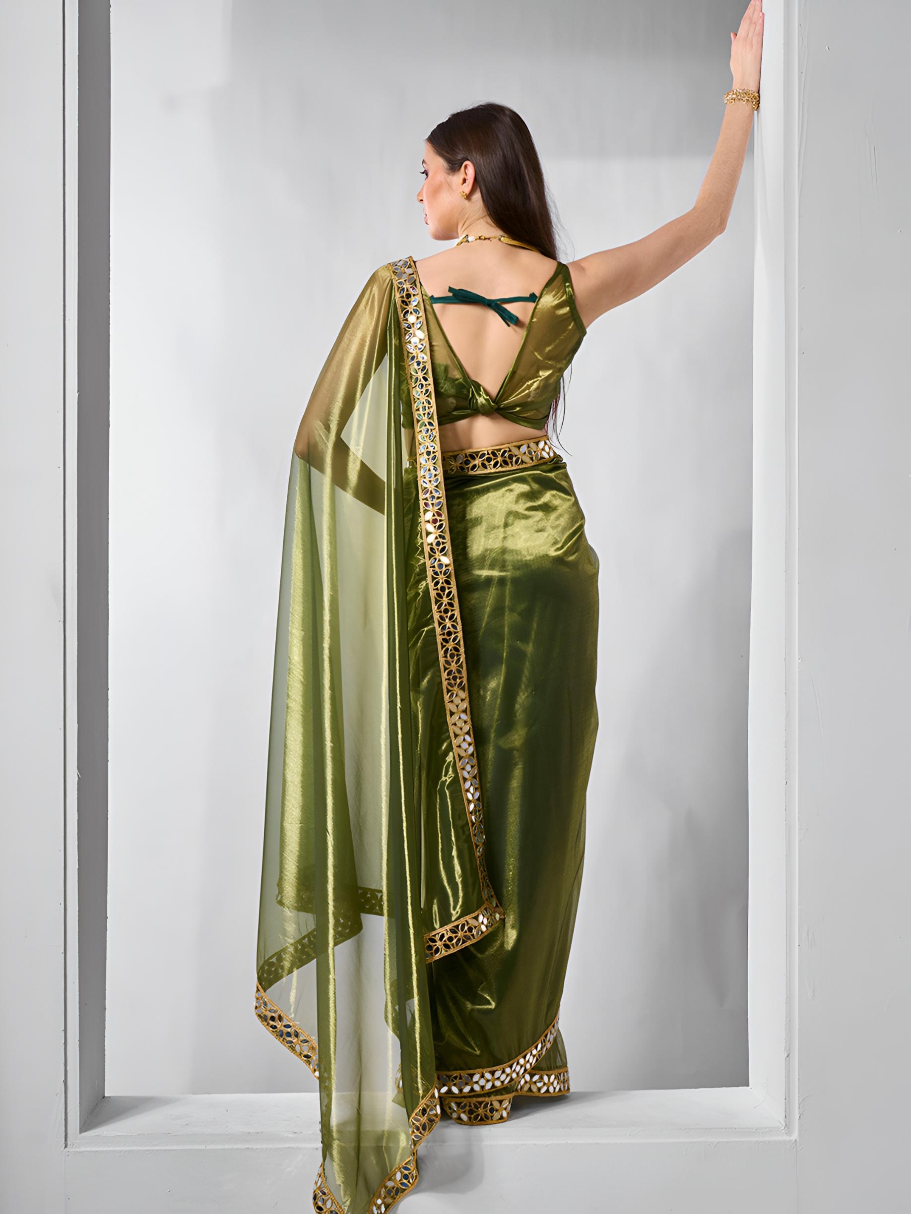 Mehendi Mirror Work Gold Twill Net Saree with Lace Coding — alternate view