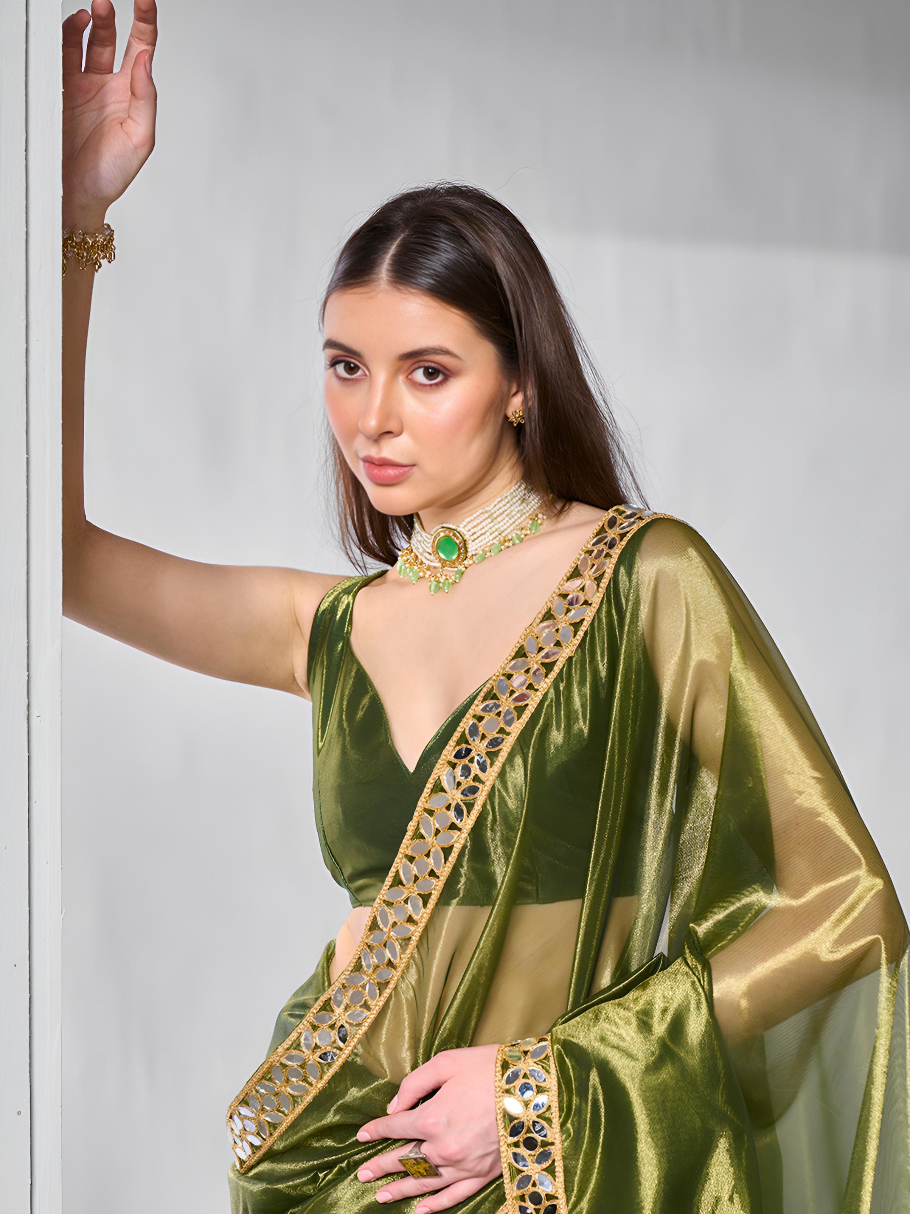Mehendi Mirror Work Gold Twill Net Saree with Lace Coding