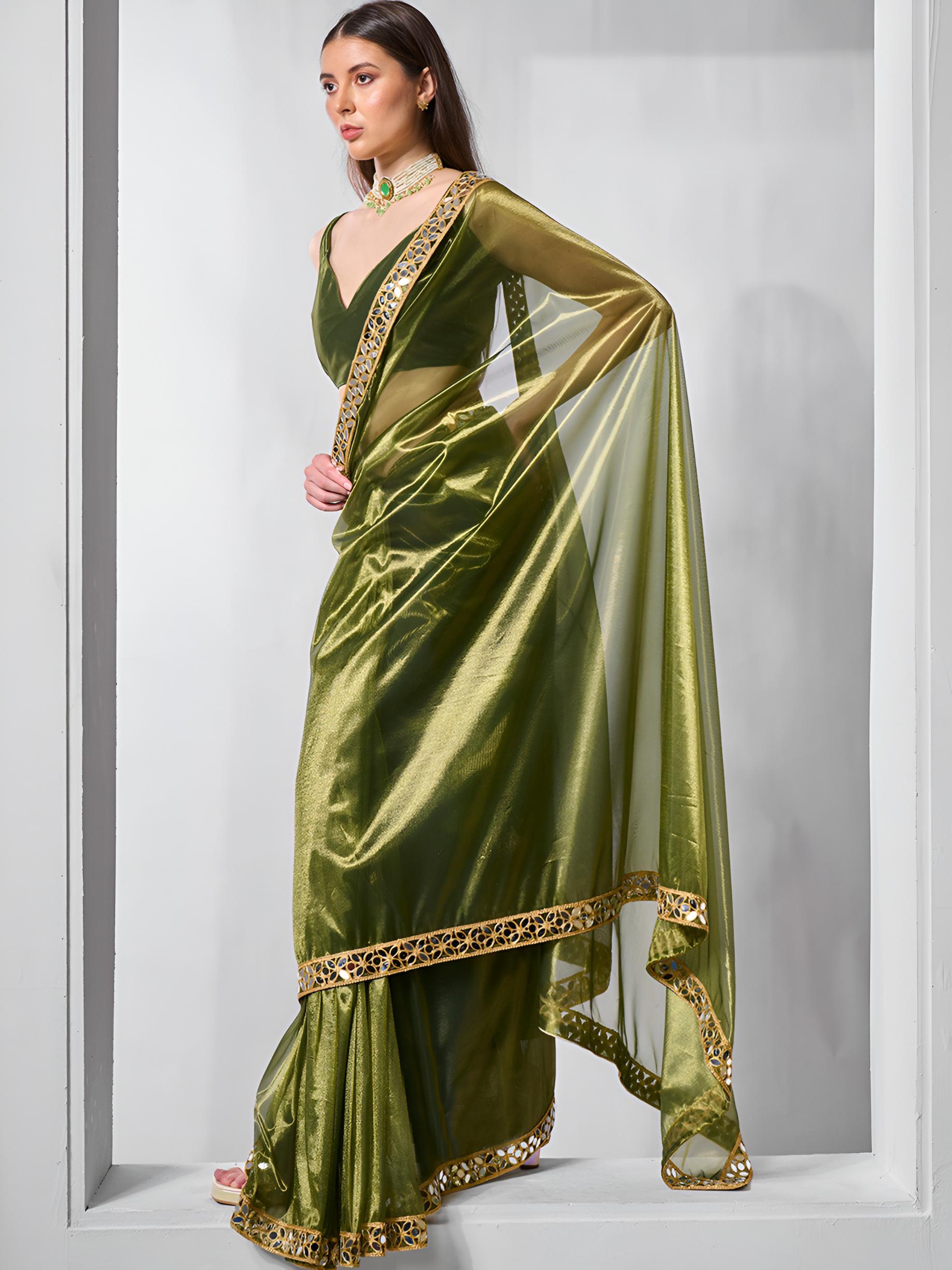 Mehendi Mirror Work Gold Twill Net Saree with Lace Coding