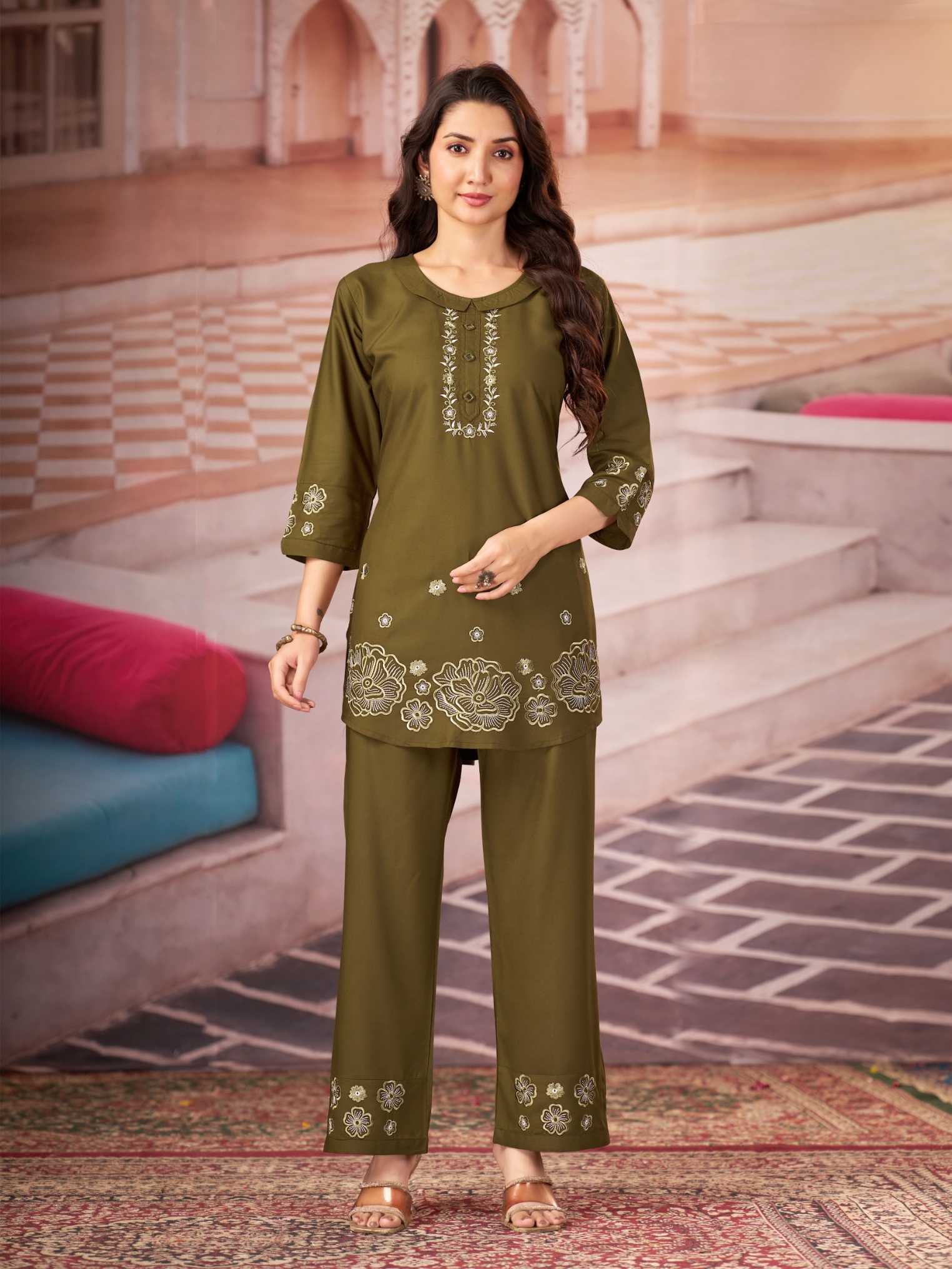 Mehendi Multi-Thread Embroidery Rayon Co-Ord Set