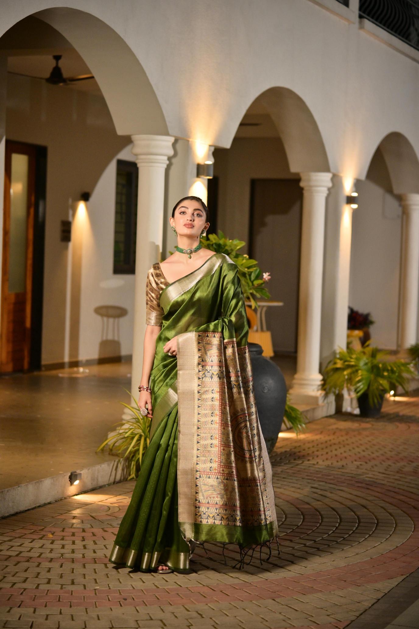 Mehendi N Beige Khadi Raw Silk Saree