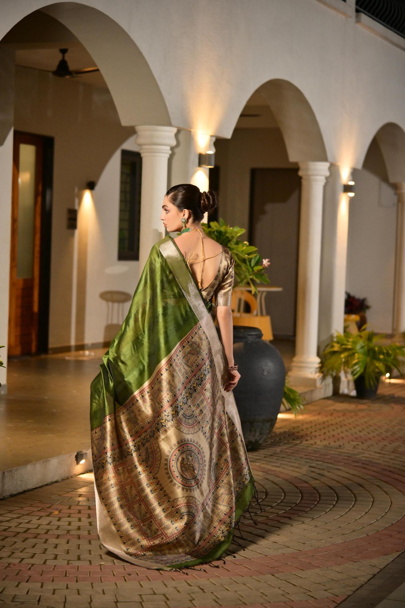 Mehendi N Beige Khadi Raw Silk Saree — alternate view
