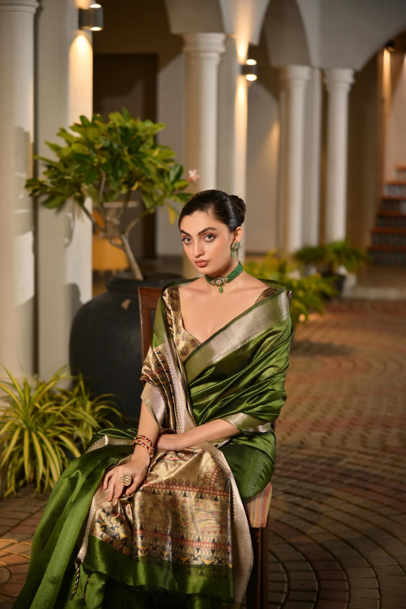 Mehendi N Beige Khadi Raw Silk Saree