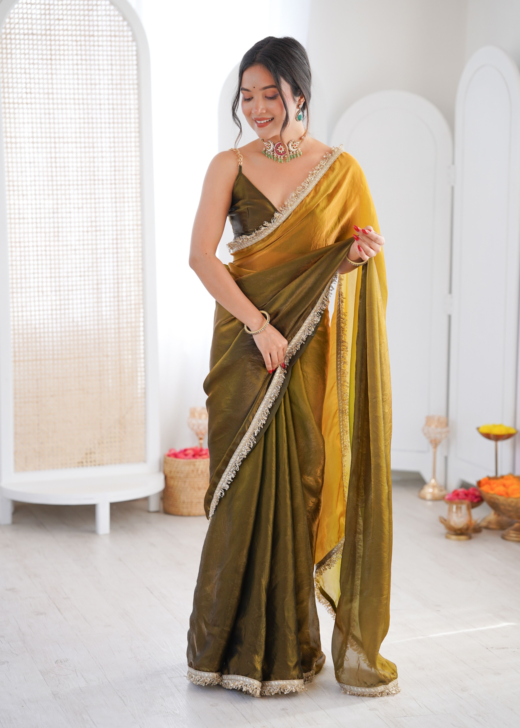 Mehendi Ombre Lace Fendy Satin Saree