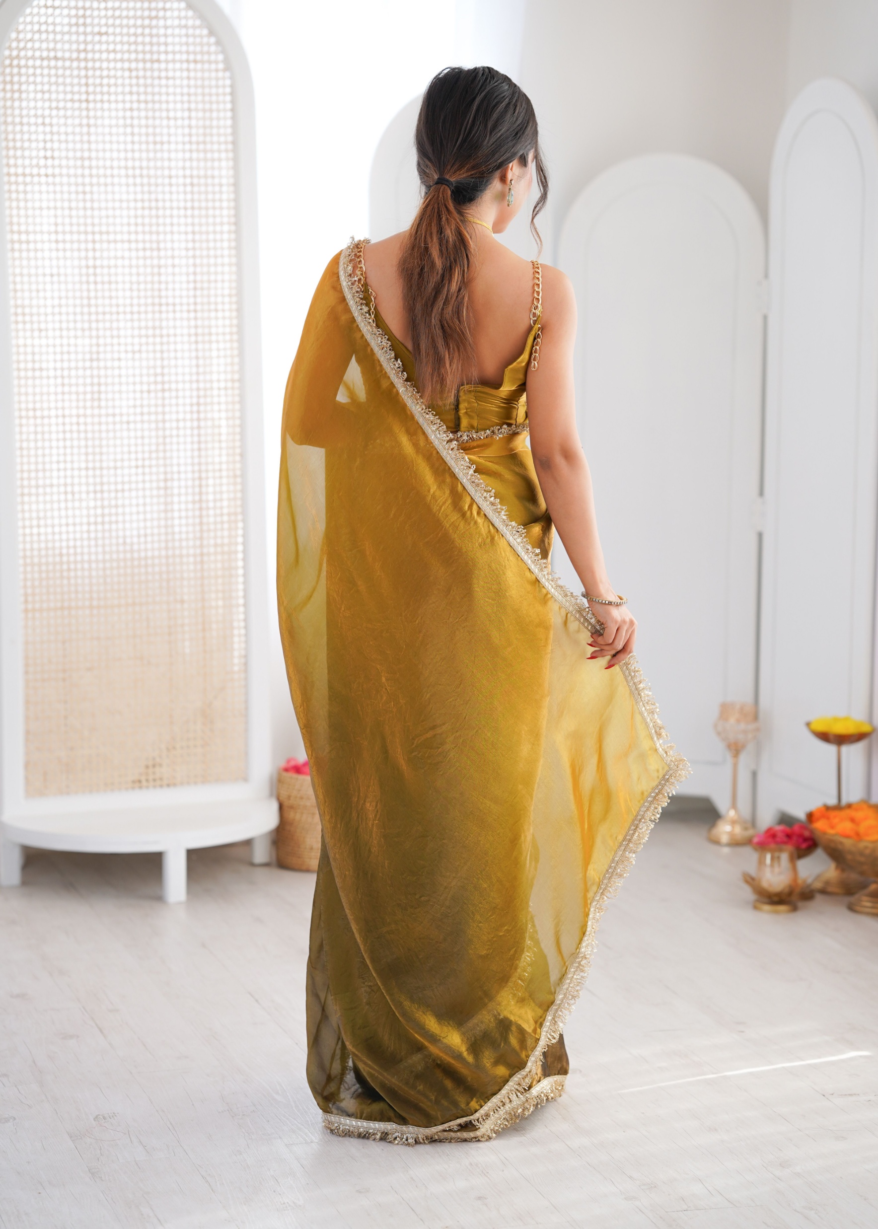 Mehendi Ombre Lace Fendy Satin Saree — alternate view
