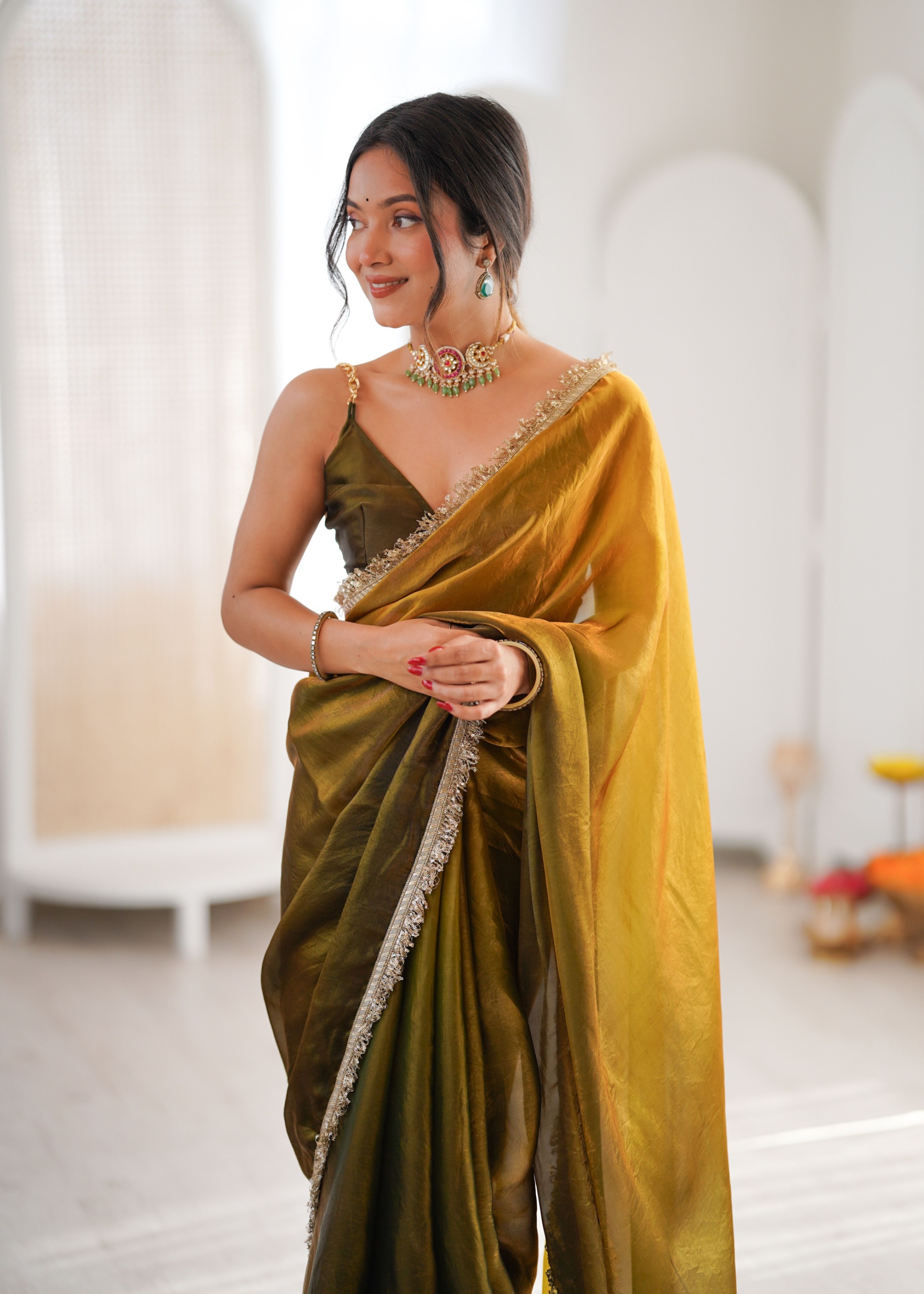 Mehendi Ombre Lace Fendy Satin Saree