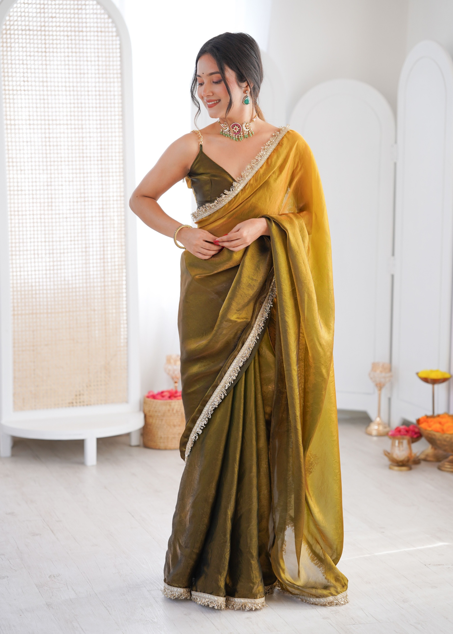 Mehendi Ombre Lace Fendy Satin Saree