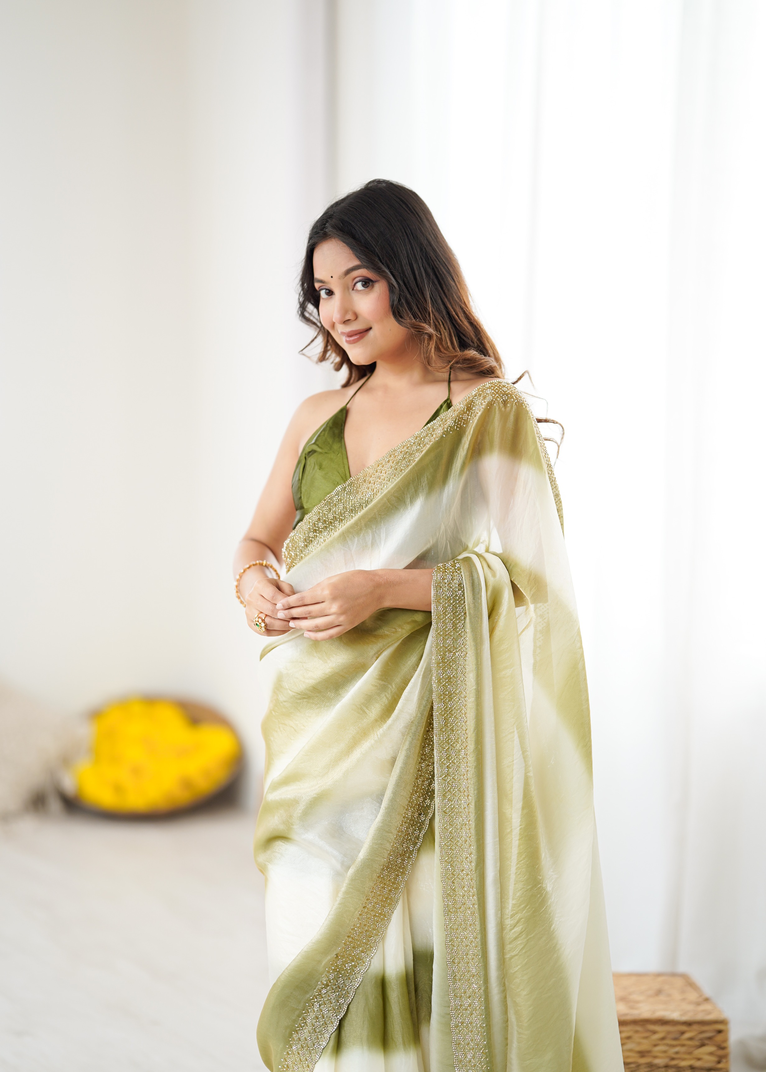 Mehendi Ombre Zarkan Diamond Border Fendi Satin Saree