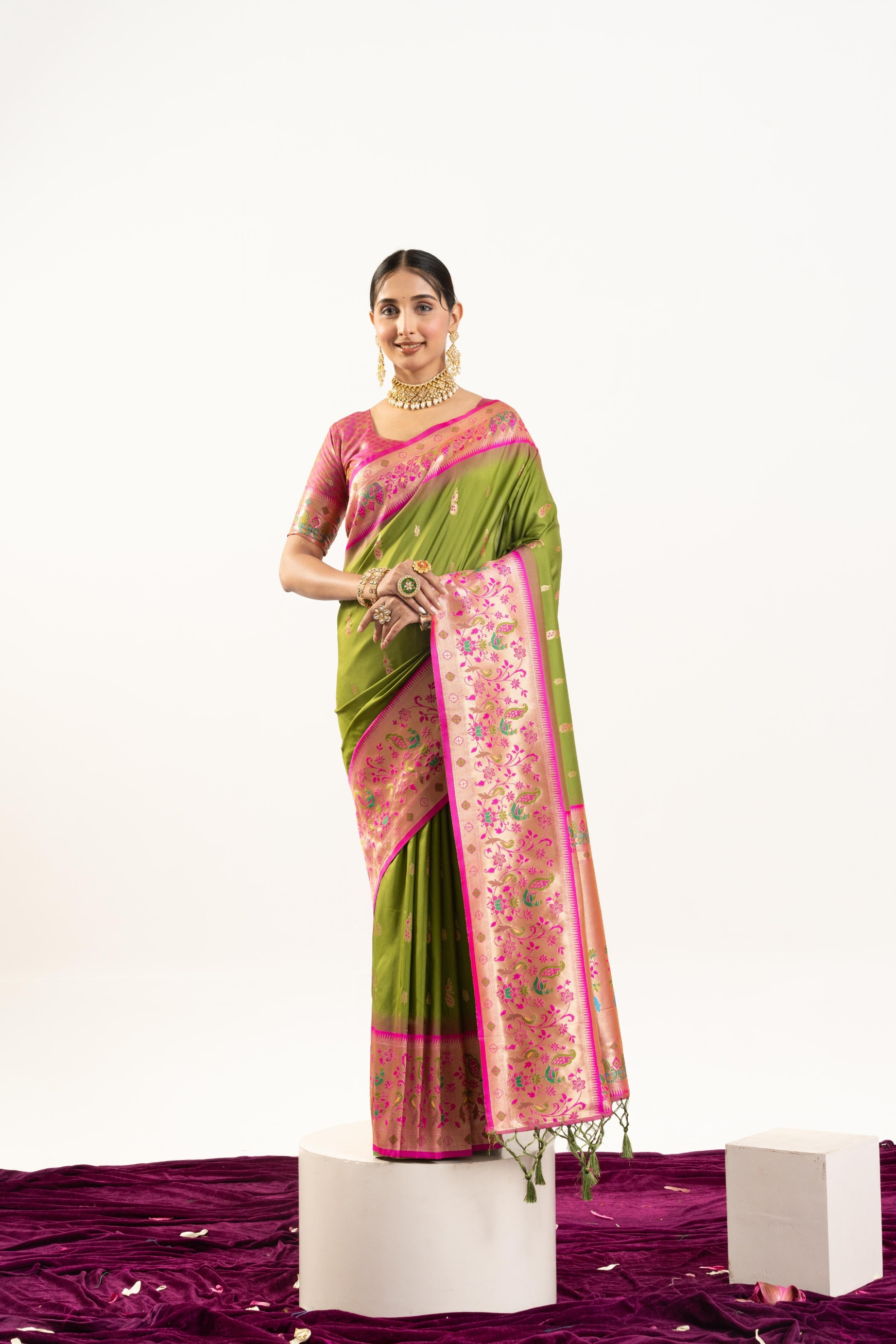 Mehendi Pink Paithani Woven Banarasi Silk Saree