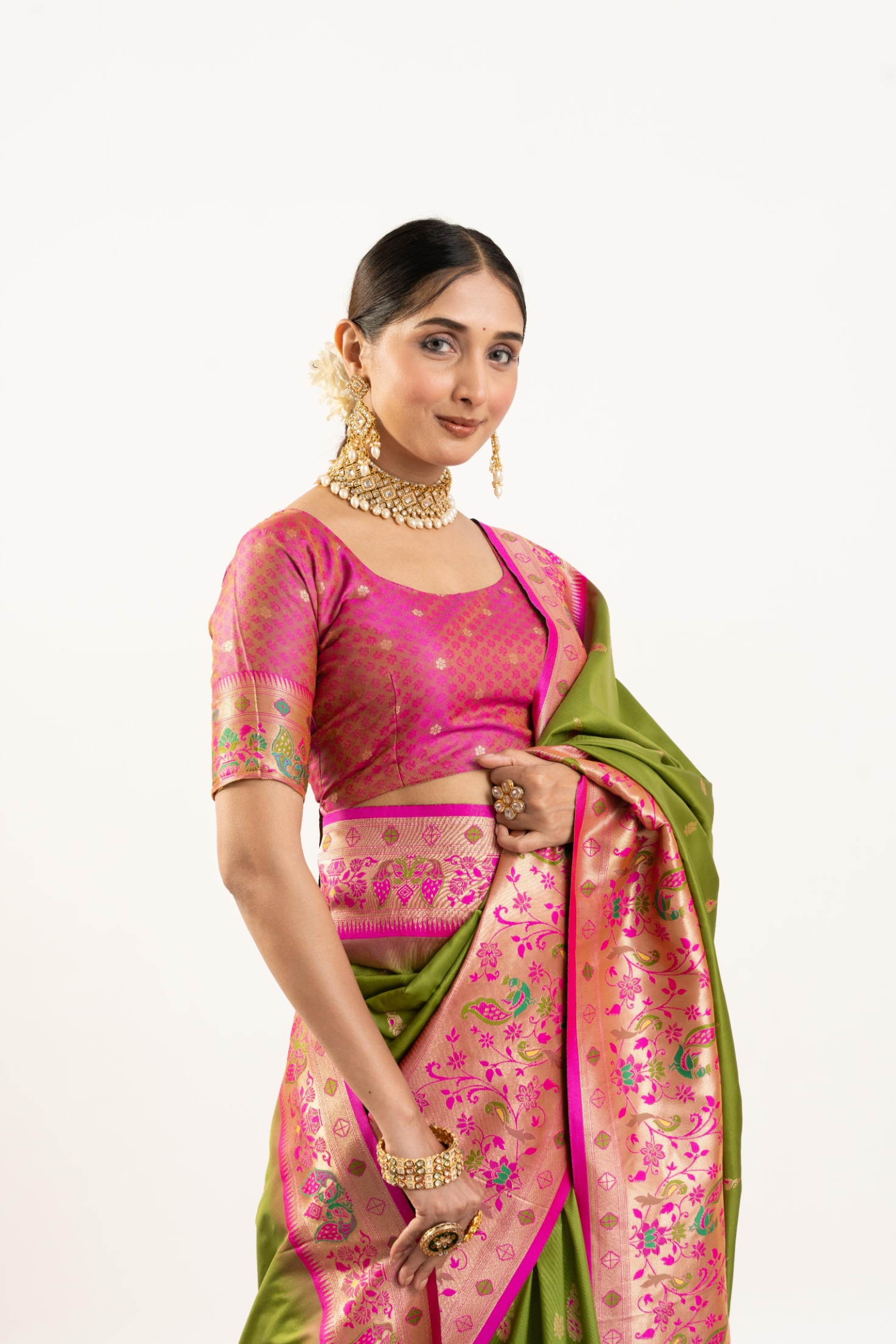 Mehendi Pink Paithani Woven Banarasi Silk Saree