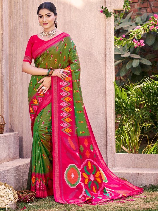 Mehendi Pink Pochampalli Silk Saree
