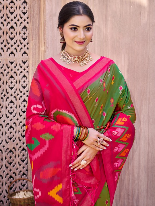 Mehendi Pink Pochampalli Silk Saree — alternate view