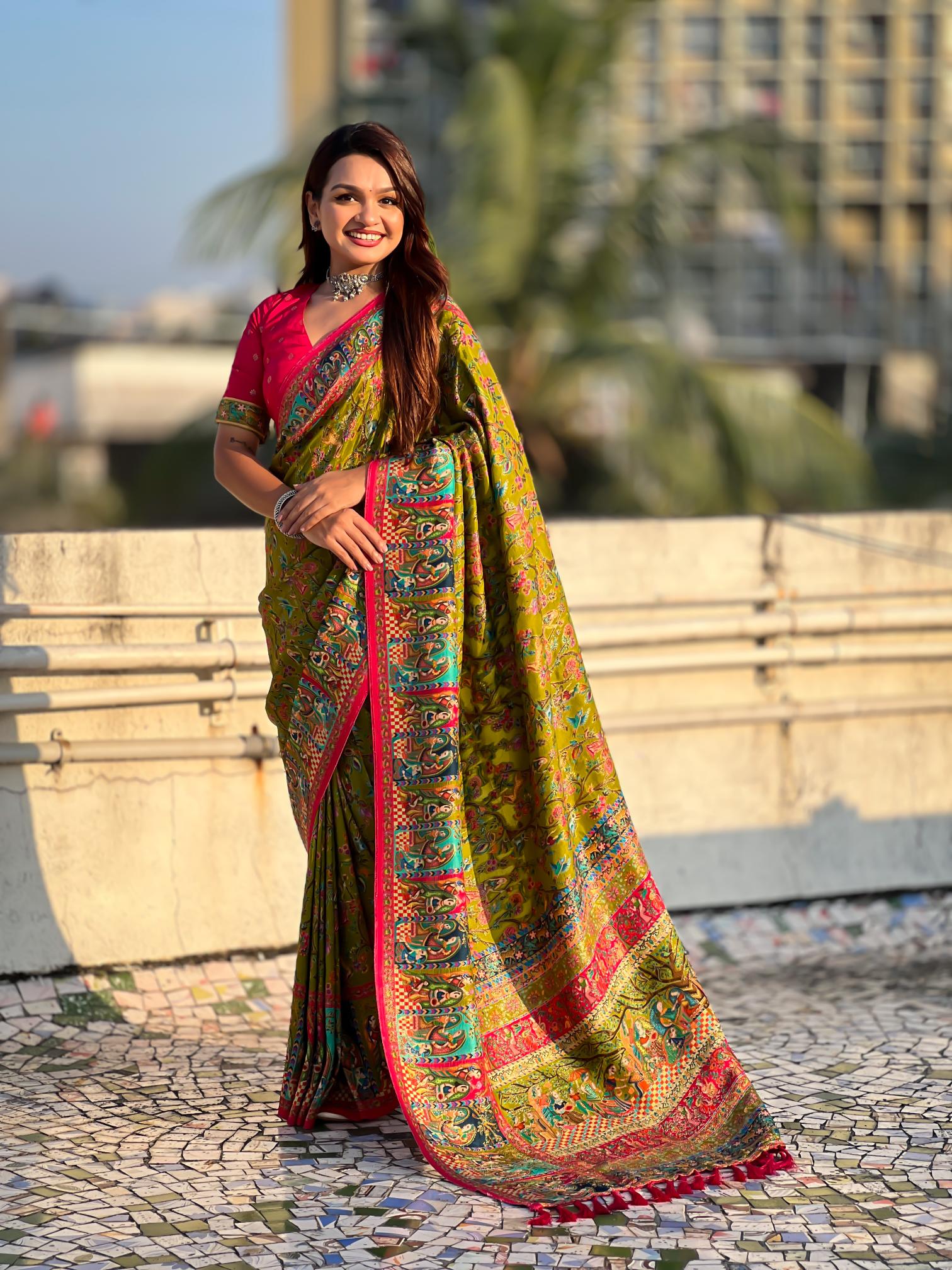 Mehendi Pink Printed Viscose Silk Saree