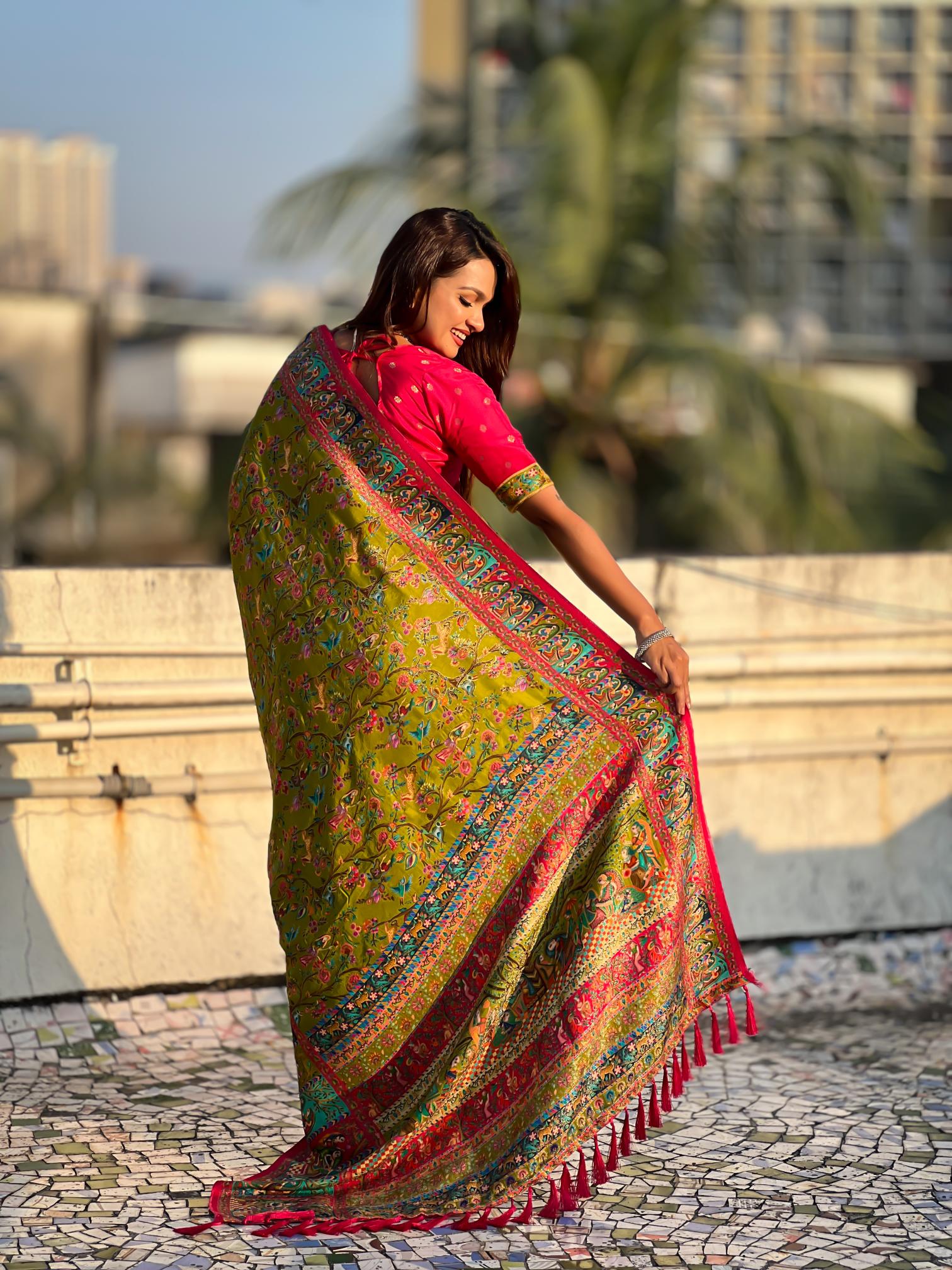 Mehendi Pink Printed Viscose Silk Saree — alternate view