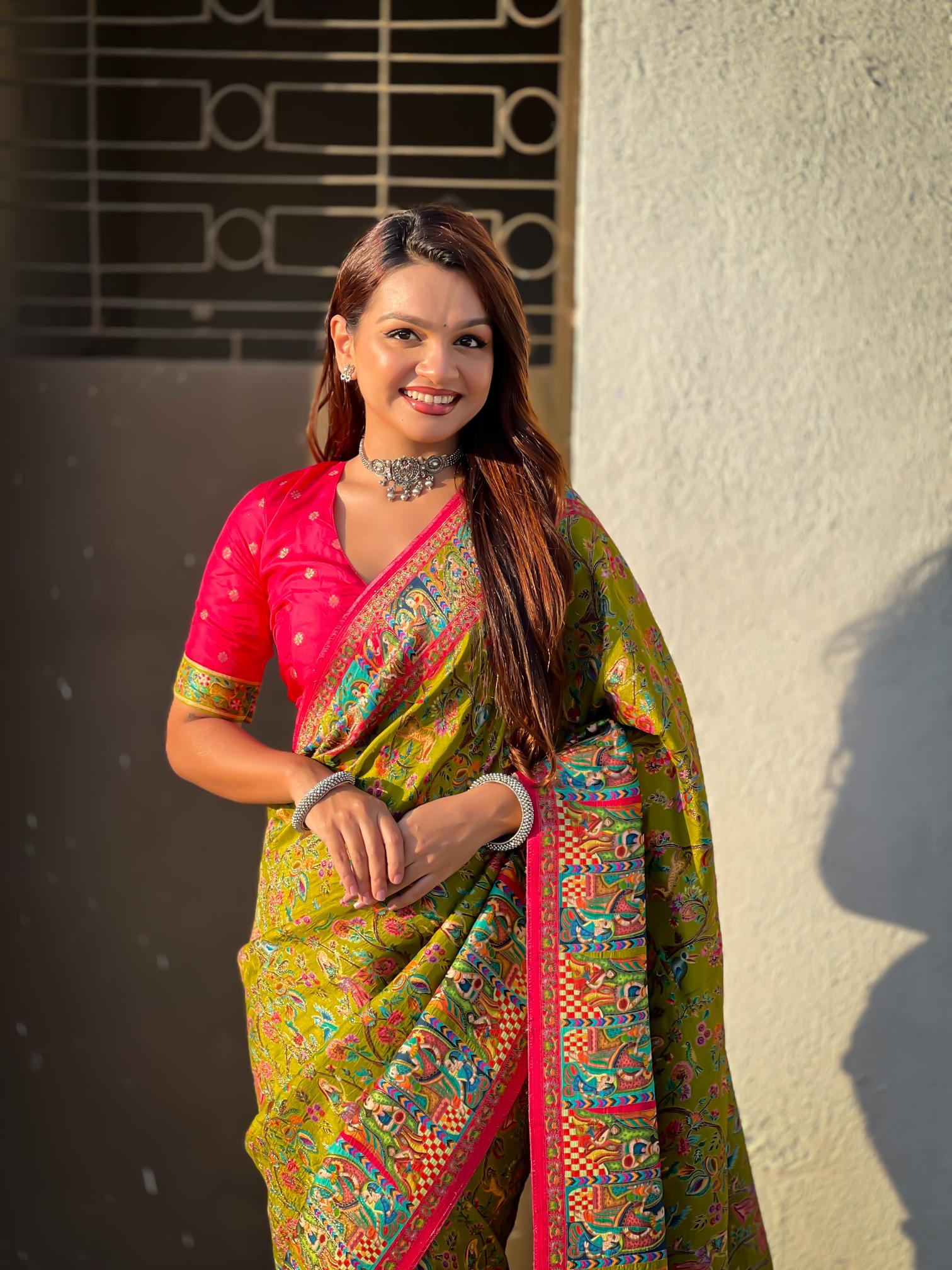 Mehendi Pink Printed Viscose Silk Saree