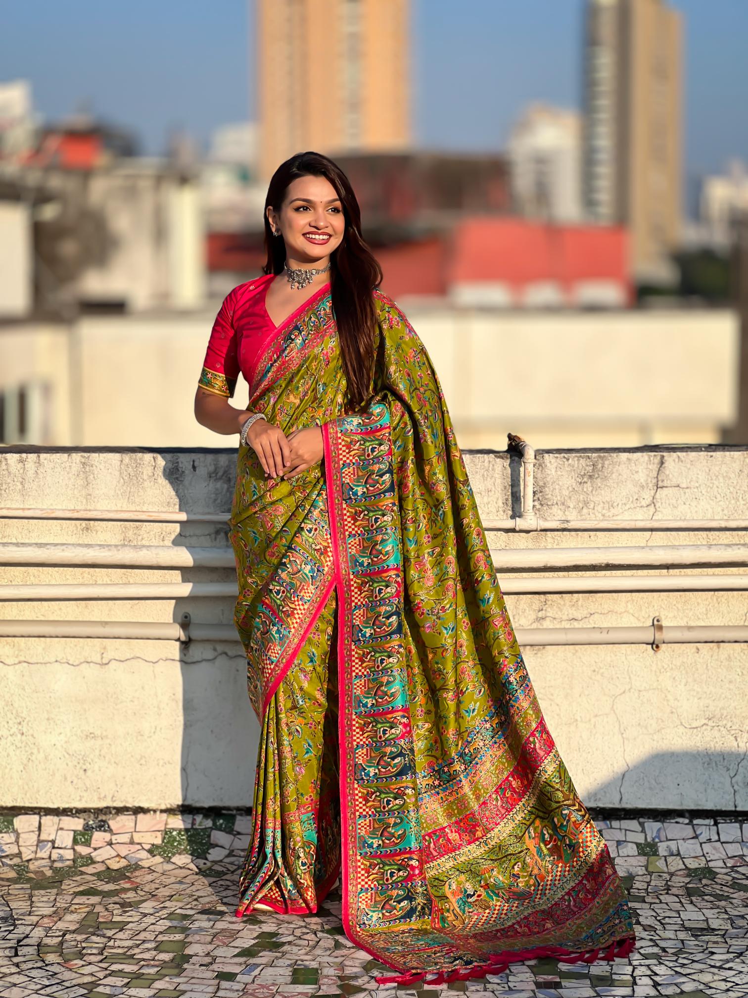 Mehendi Pink Printed Viscose Silk Saree