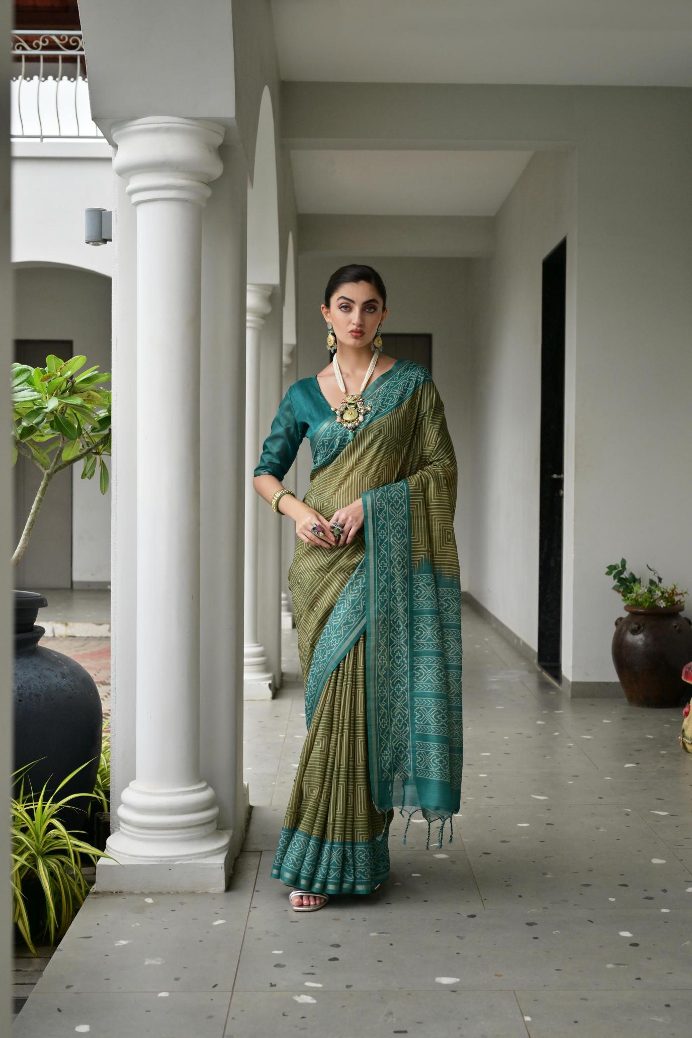 Mehendi Rama Ikkat Tussar Silk Saree