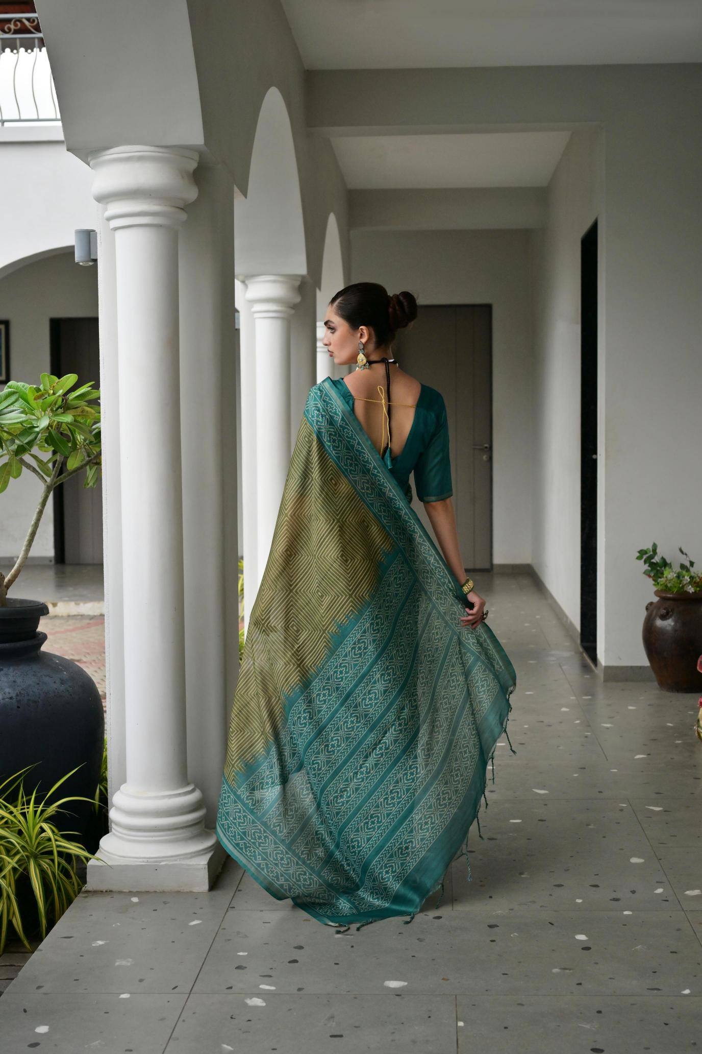 Mehendi Rama Ikkat Tussar Silk Saree — alternate view