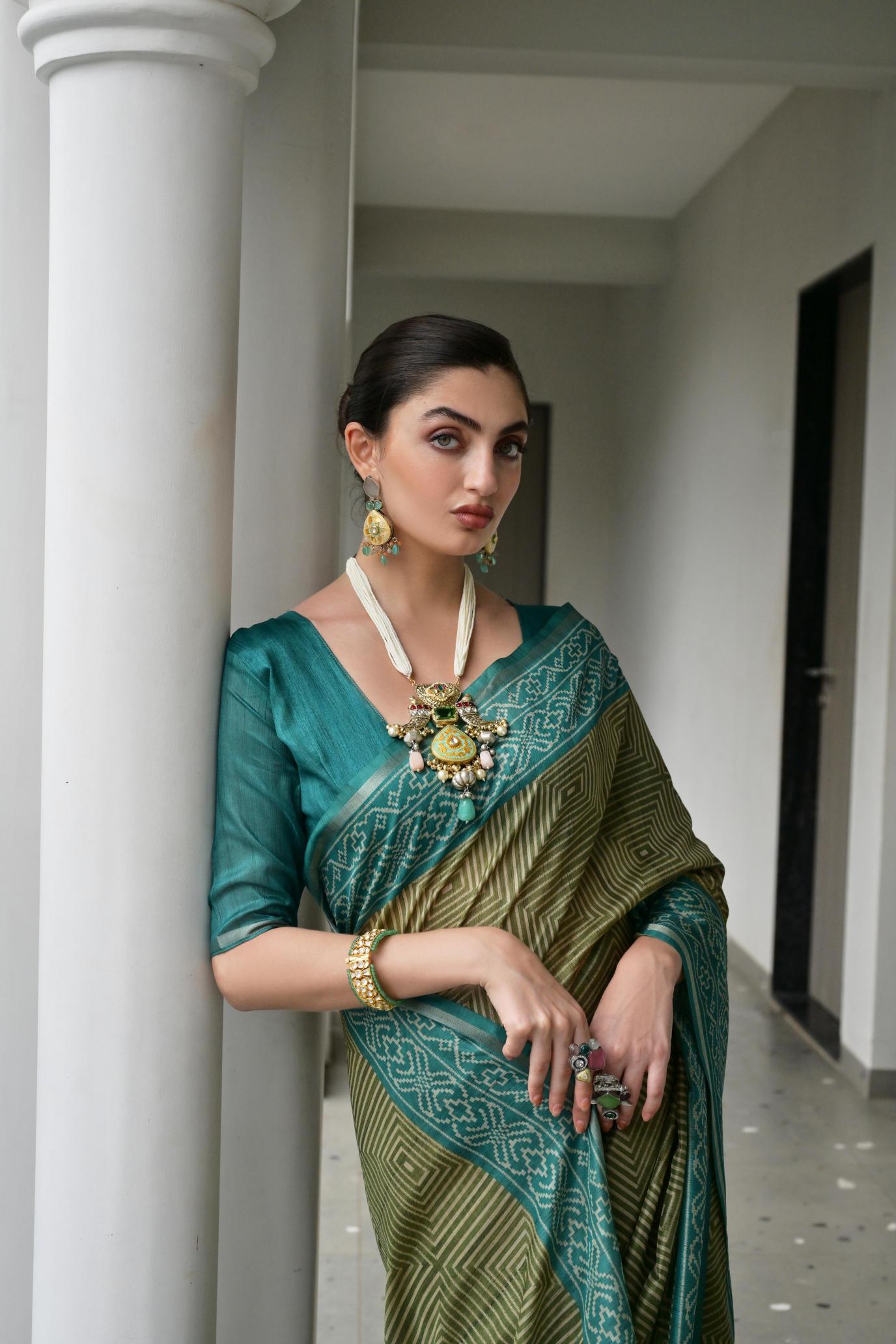 Mehendi Rama Ikkat Tussar Silk Saree