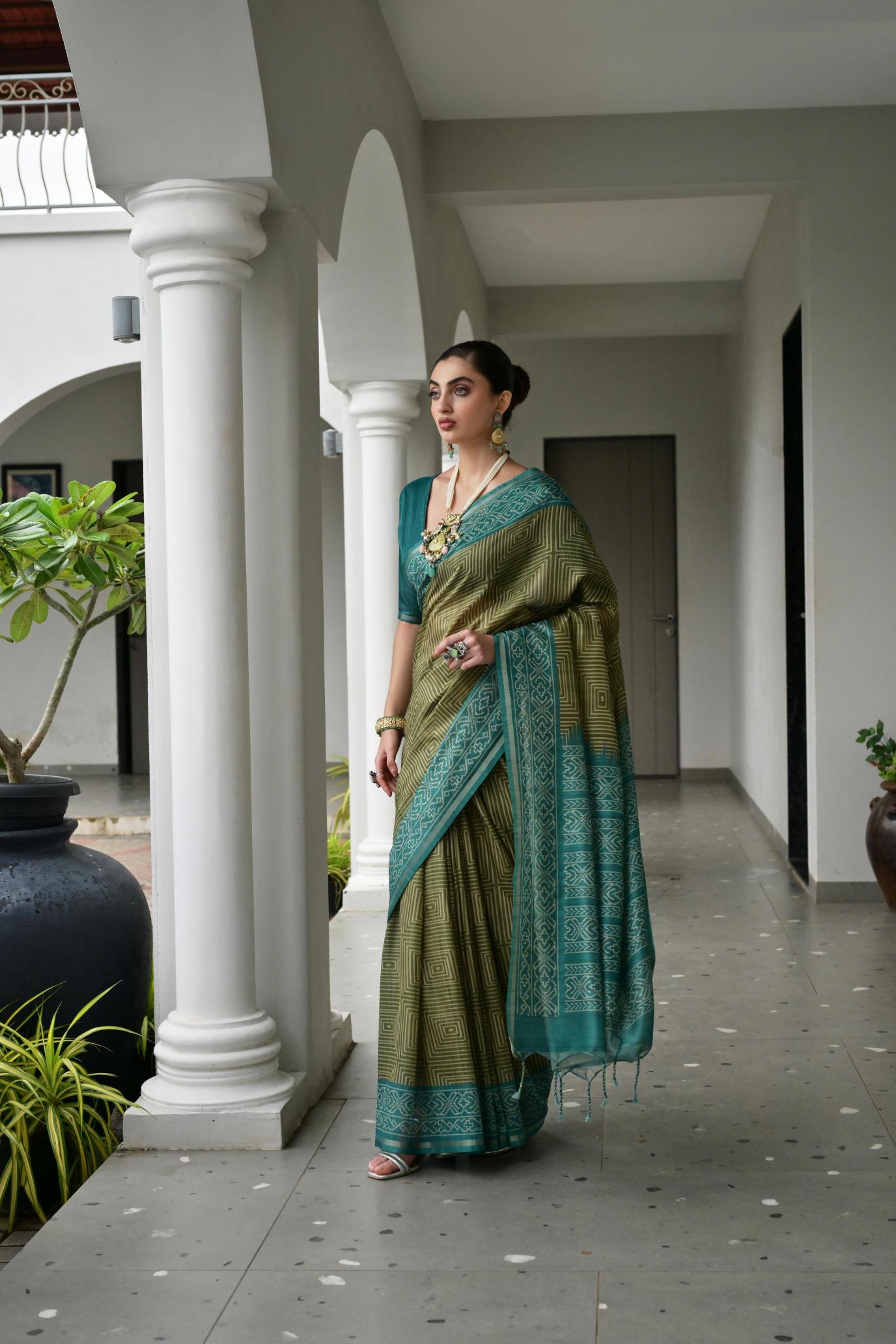 Mehendi Rama Ikkat Tussar Silk Saree