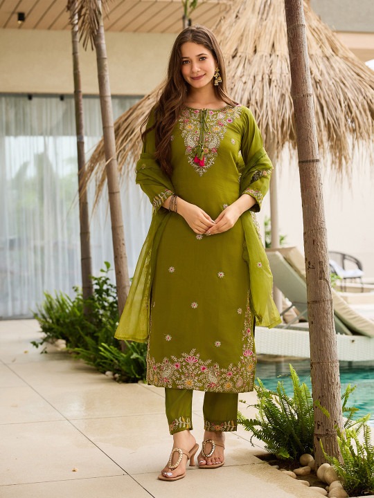 Mehendi Rayon Embroidered Readymade Suit
