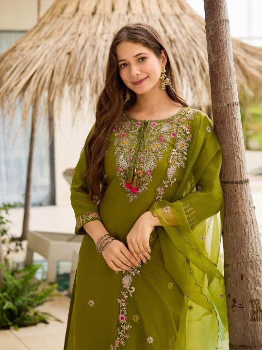 Mehendi Rayon Embroidered Readymade Suit