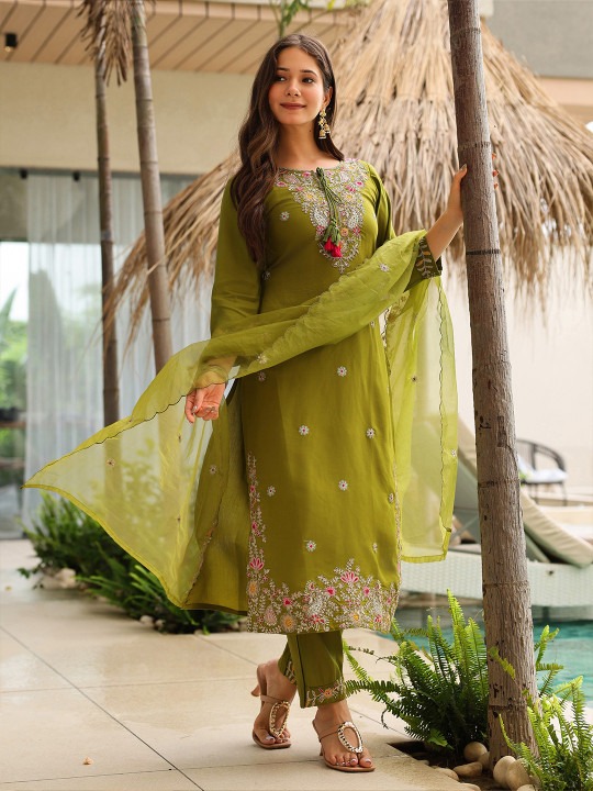 Mehendi Rayon Embroidered Readymade Suit